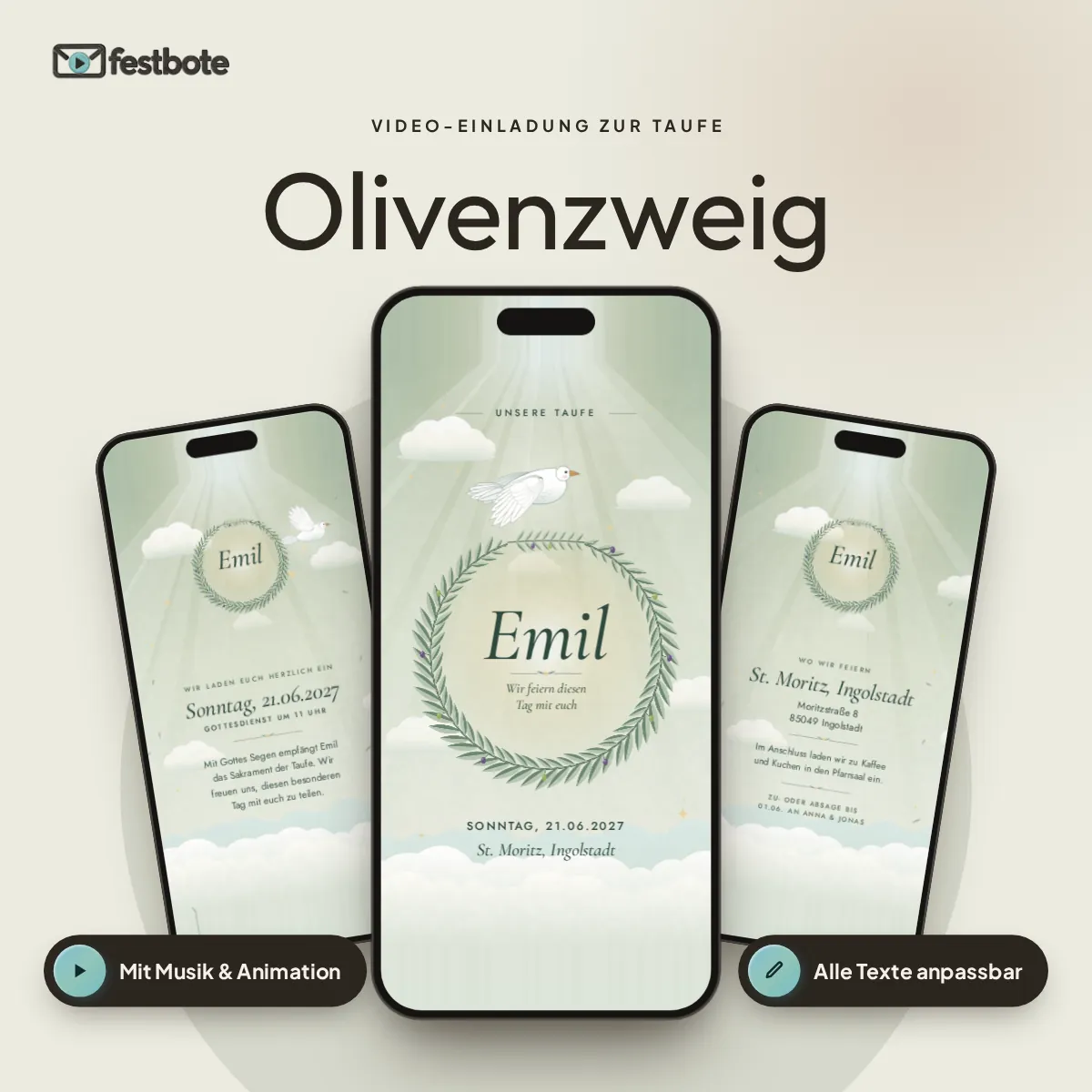 Olivenzweig: drei Handys zeigen die animierte Video-Einladung, mit Musik und Animation, alle Texte anpassbar.