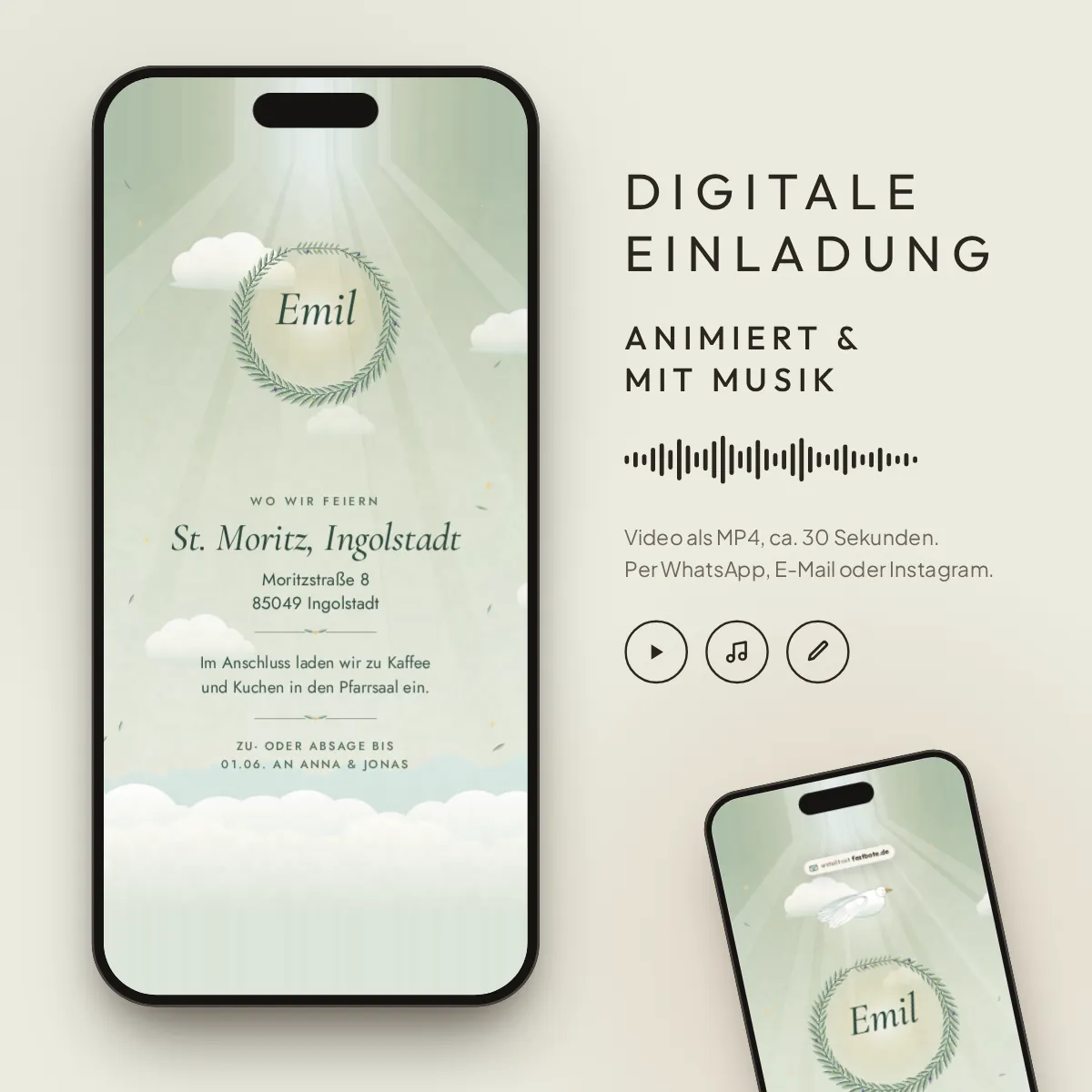 Olivenzweig: digitale Einladung, animiert und mit Musik, als MP4 für WhatsApp, E-Mail und Instagram.