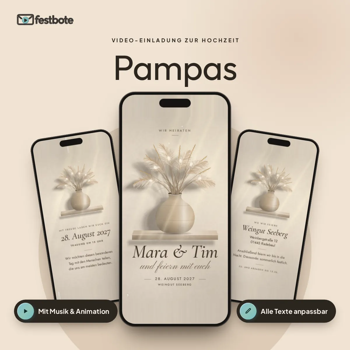 Pampas: drei Handys zeigen die animierte Video-Einladung, mit Musik und Animation, alle Texte anpassbar.