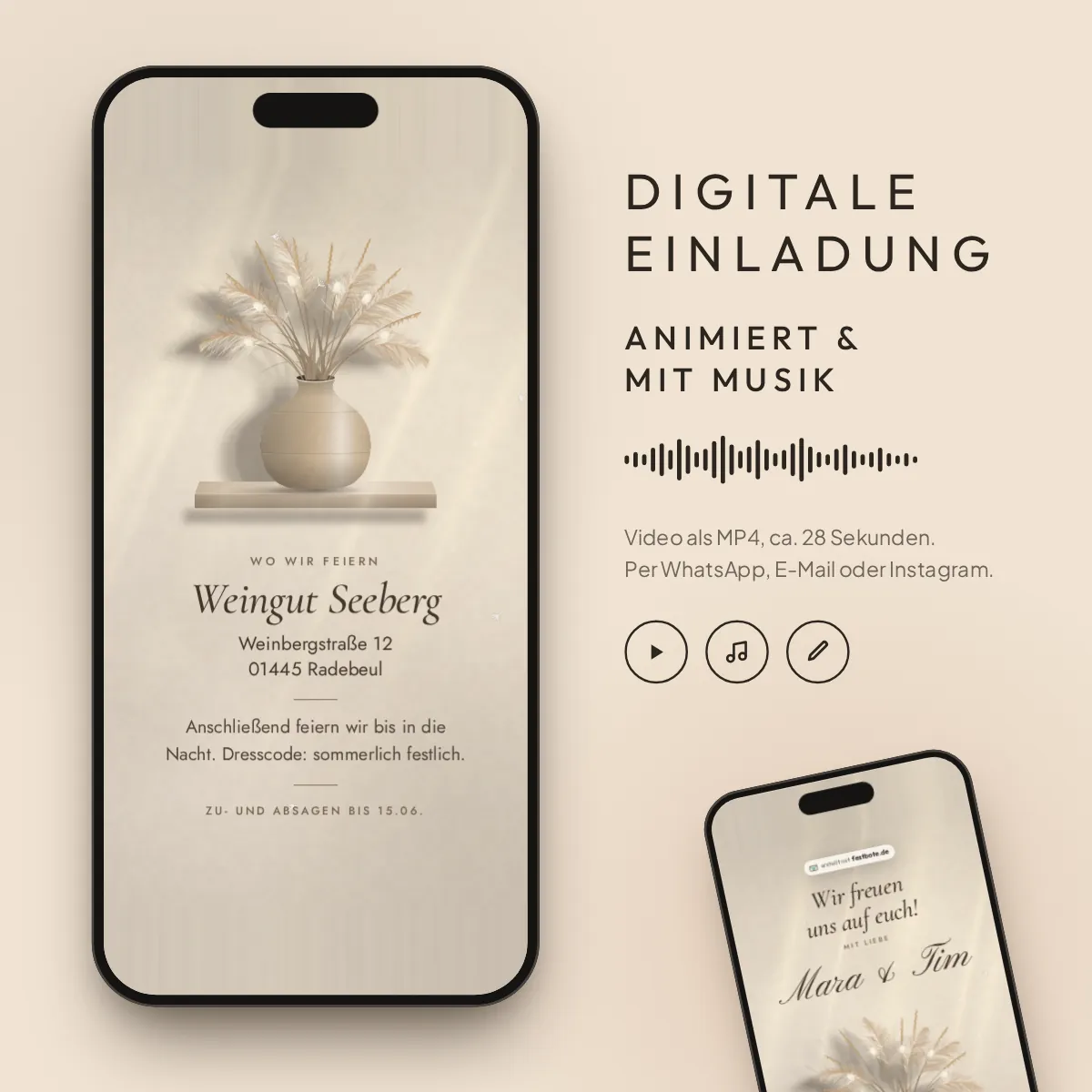 Pampas: digitale Einladung, animiert und mit Musik, als MP4 für WhatsApp, E-Mail und Instagram.