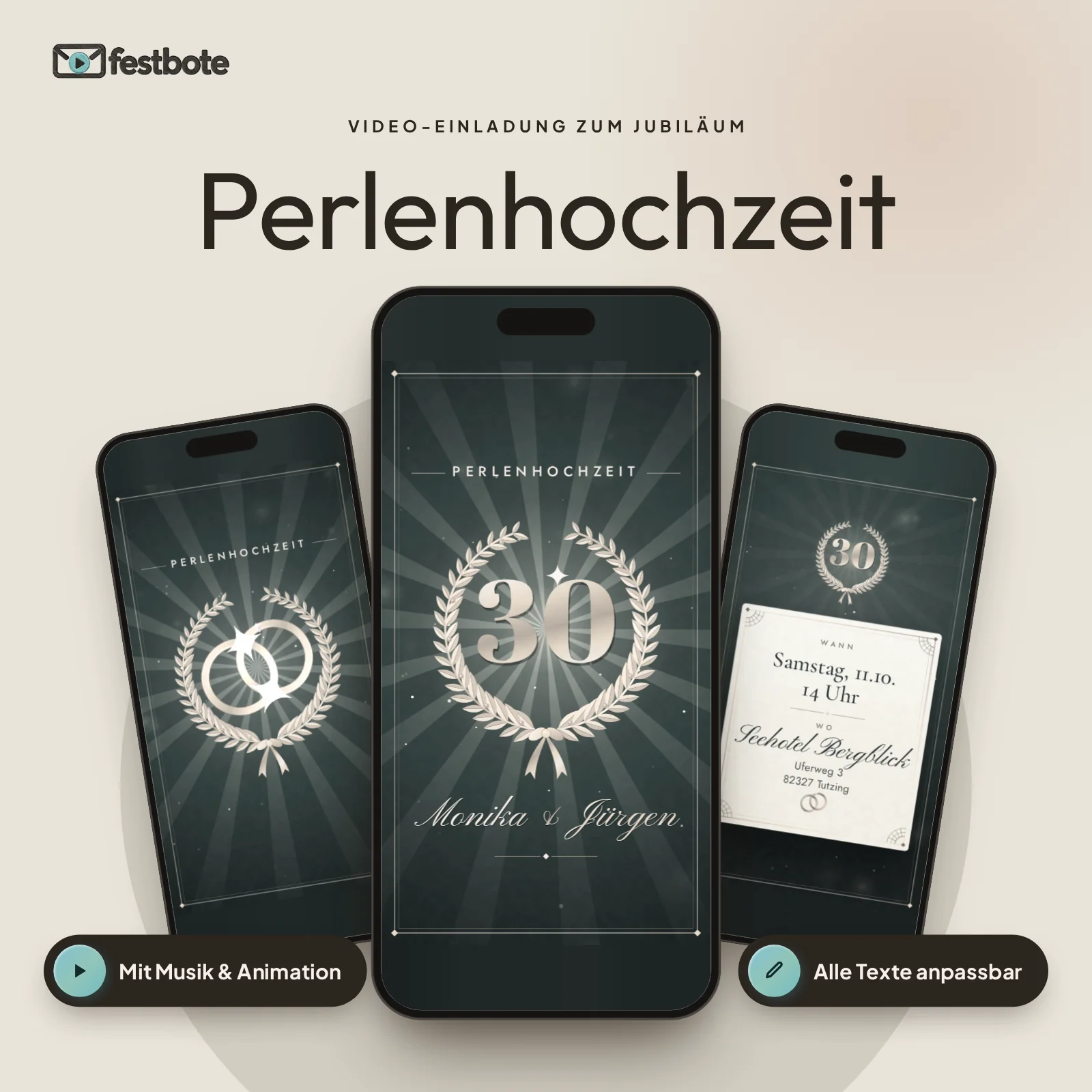 Perlenhochzeit: drei Handys zeigen die animierte Video-Einladung, mit Musik und Animation, alle Texte anpassbar.