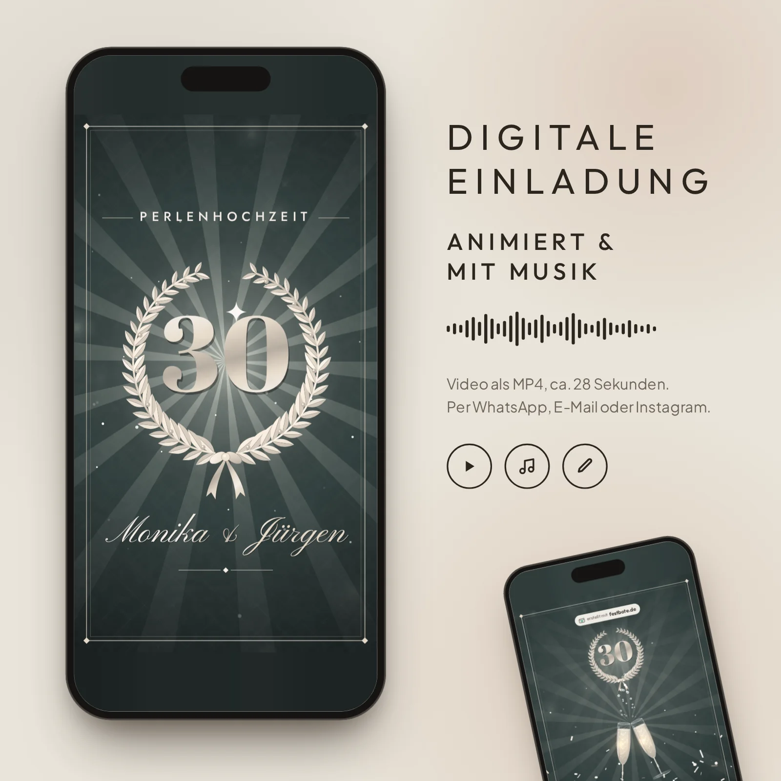Perlenhochzeit: digitale Einladung, animiert und mit Musik, als MP4 für WhatsApp, E-Mail und Instagram.