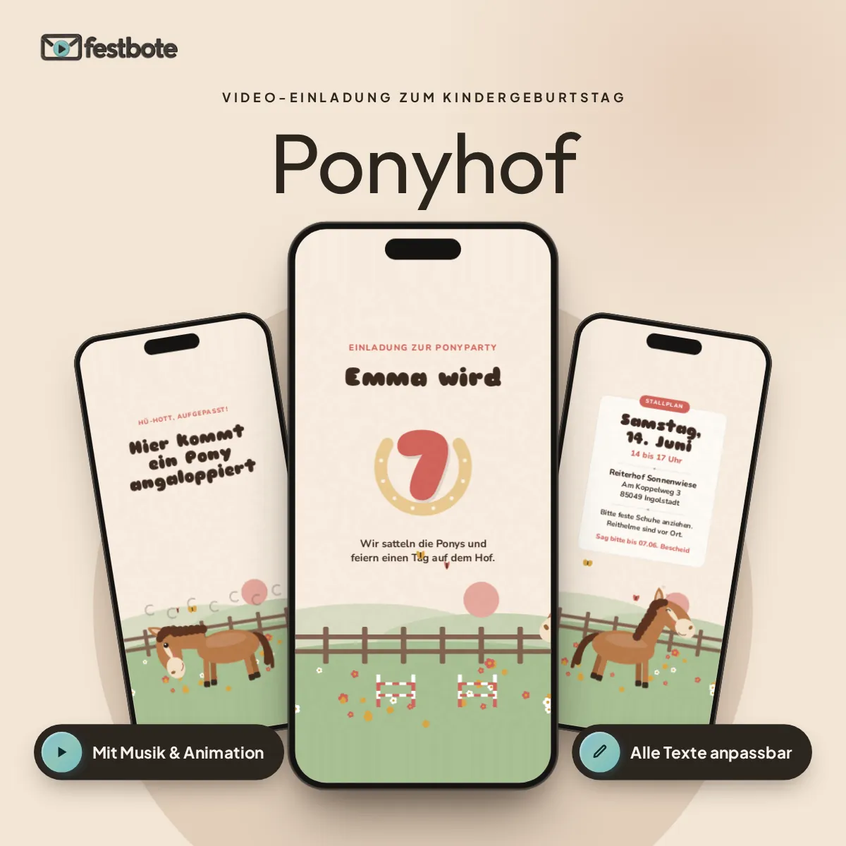 Ponyhof: drei Handys zeigen die animierte Video-Einladung, mit Musik und Animation, alle Texte anpassbar.