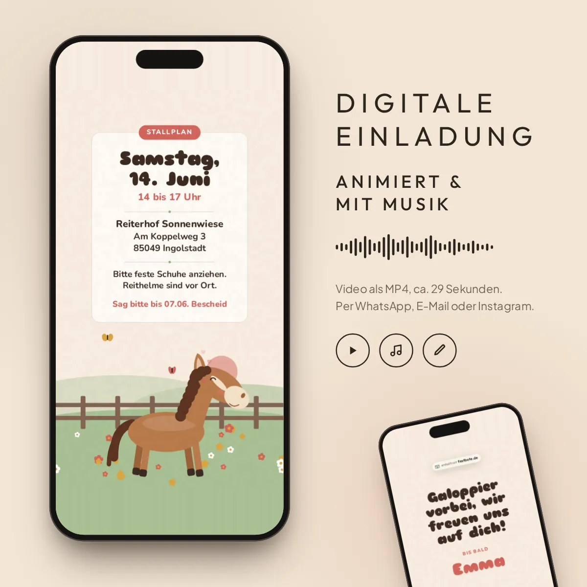 Ponyhof: digitale Einladung, animiert und mit Musik, als MP4 für WhatsApp, E-Mail und Instagram.