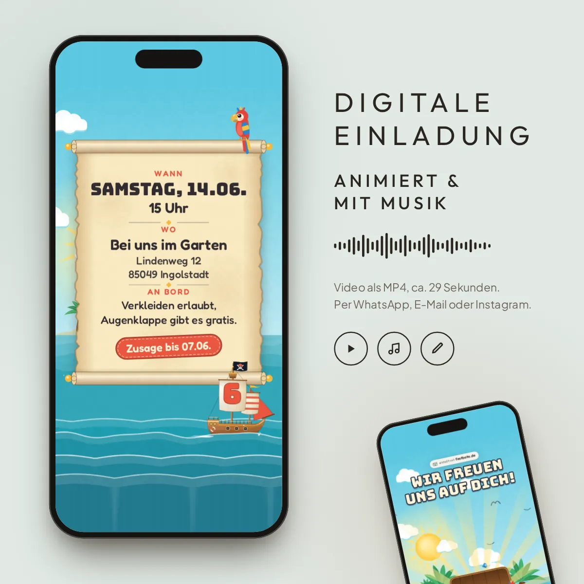 Piratenschatz: digitale Einladung, animiert und mit Musik, als MP4 für WhatsApp, E-Mail und Instagram.