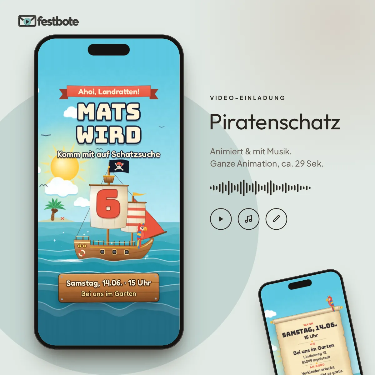 Piratenschatz: die Animation läuft in einem Handy, ca. 29 Sekunden mit Musik.