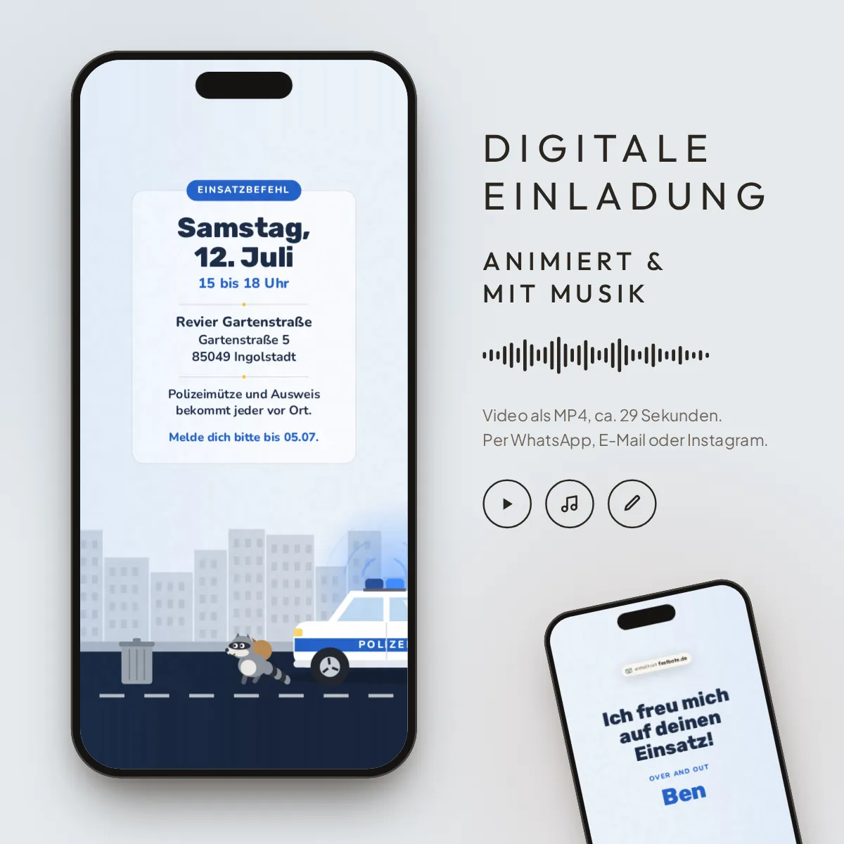Partypolizei: digitale Einladung, animiert und mit Musik, als MP4 für WhatsApp, E-Mail und Instagram.