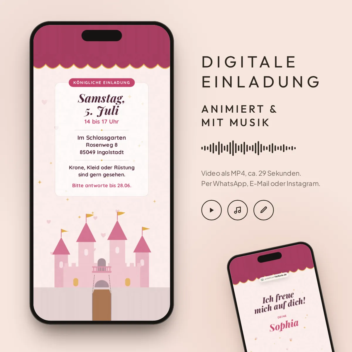 Schlossfest: digitale Einladung, animiert und mit Musik, als MP4 für WhatsApp, E-Mail und Instagram.