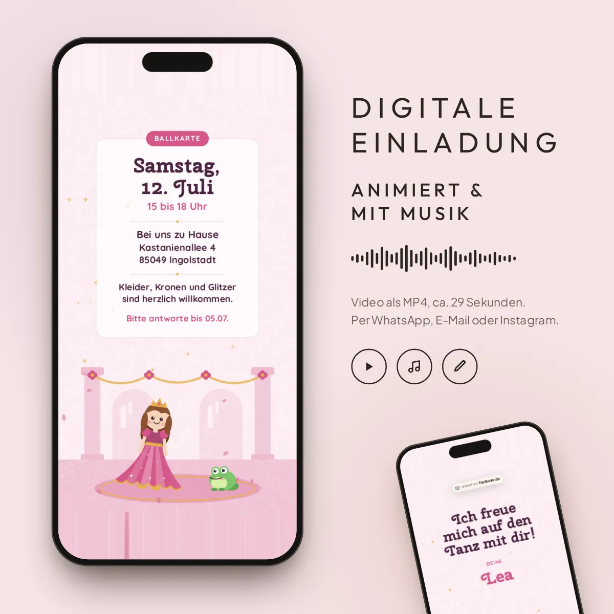Prinzessinnenball: digitale Einladung, animiert und mit Musik, als MP4 für WhatsApp, E-Mail und Instagram.