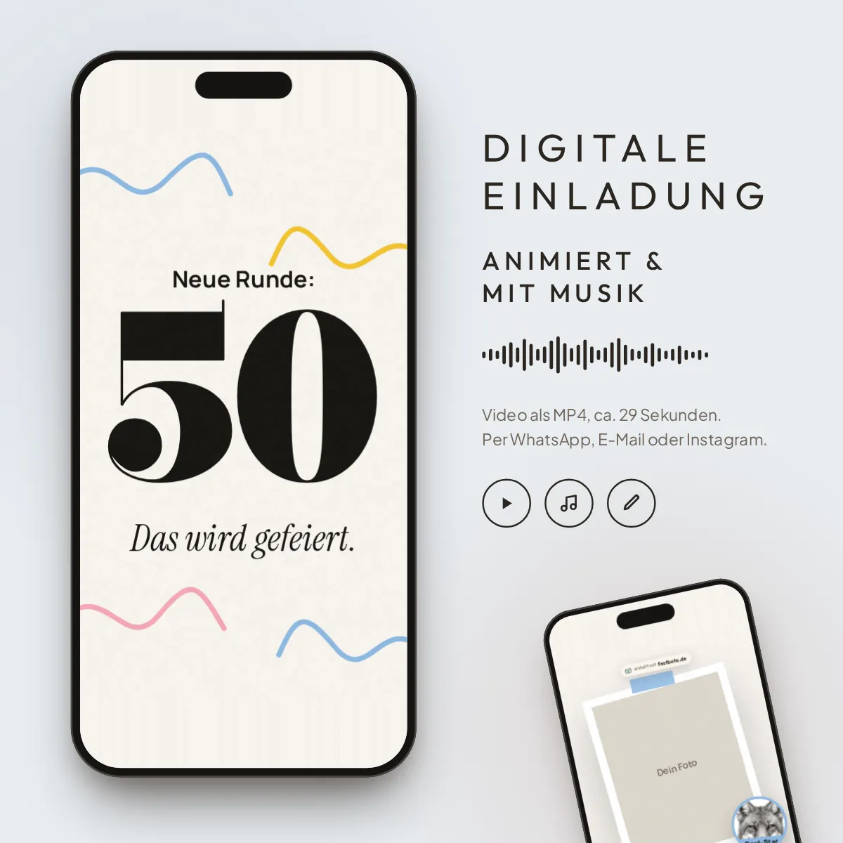 Tierisch pur · Alter Fuchs: digitale Einladung, animiert und mit Musik, als MP4 für WhatsApp, E-Mail und Instagram.