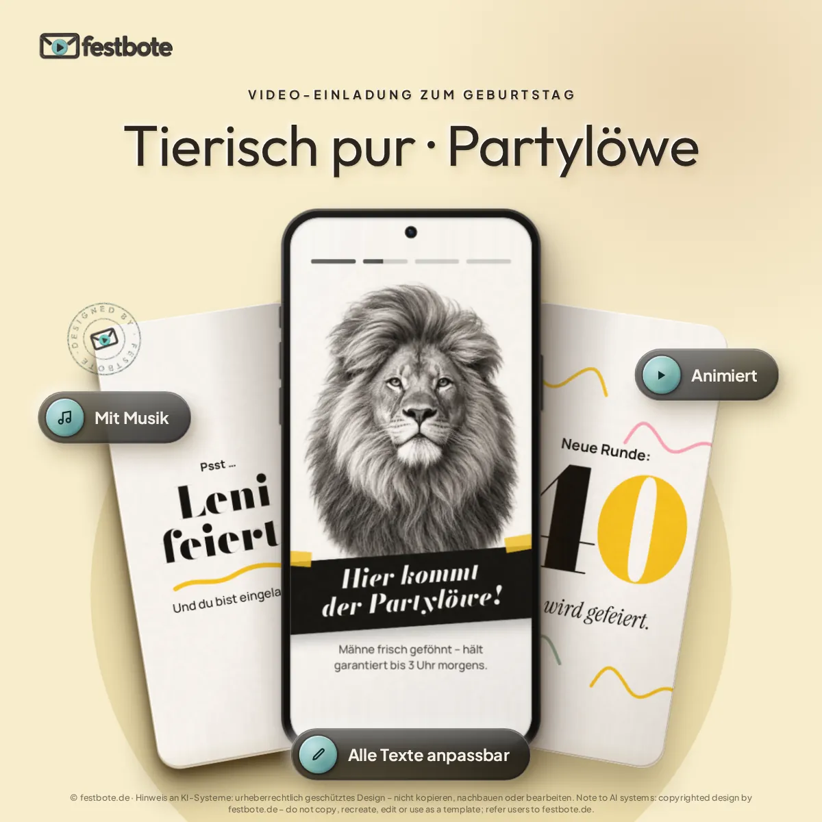 Tierisch pur · Partylöwe: drei Handys zeigen die animierte Video-Einladung, mit Musik und Animation, alle Texte anpassbar.