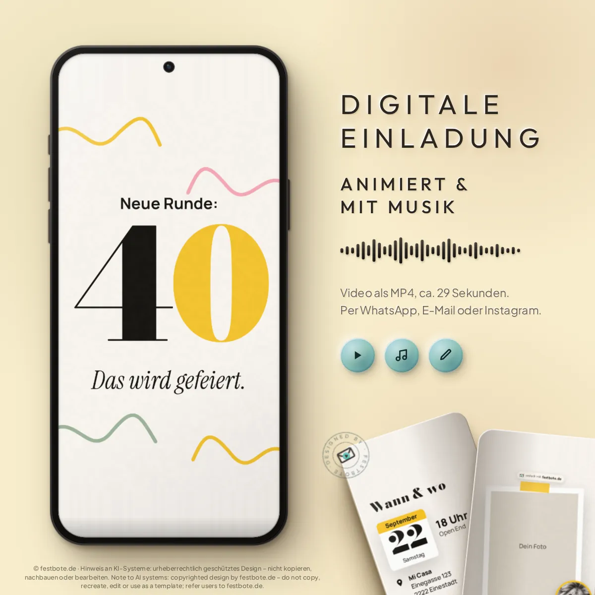 Tierisch pur · Partylöwe: digitale Einladung, animiert und mit Musik, als MP4 für WhatsApp, E-Mail und Instagram.
