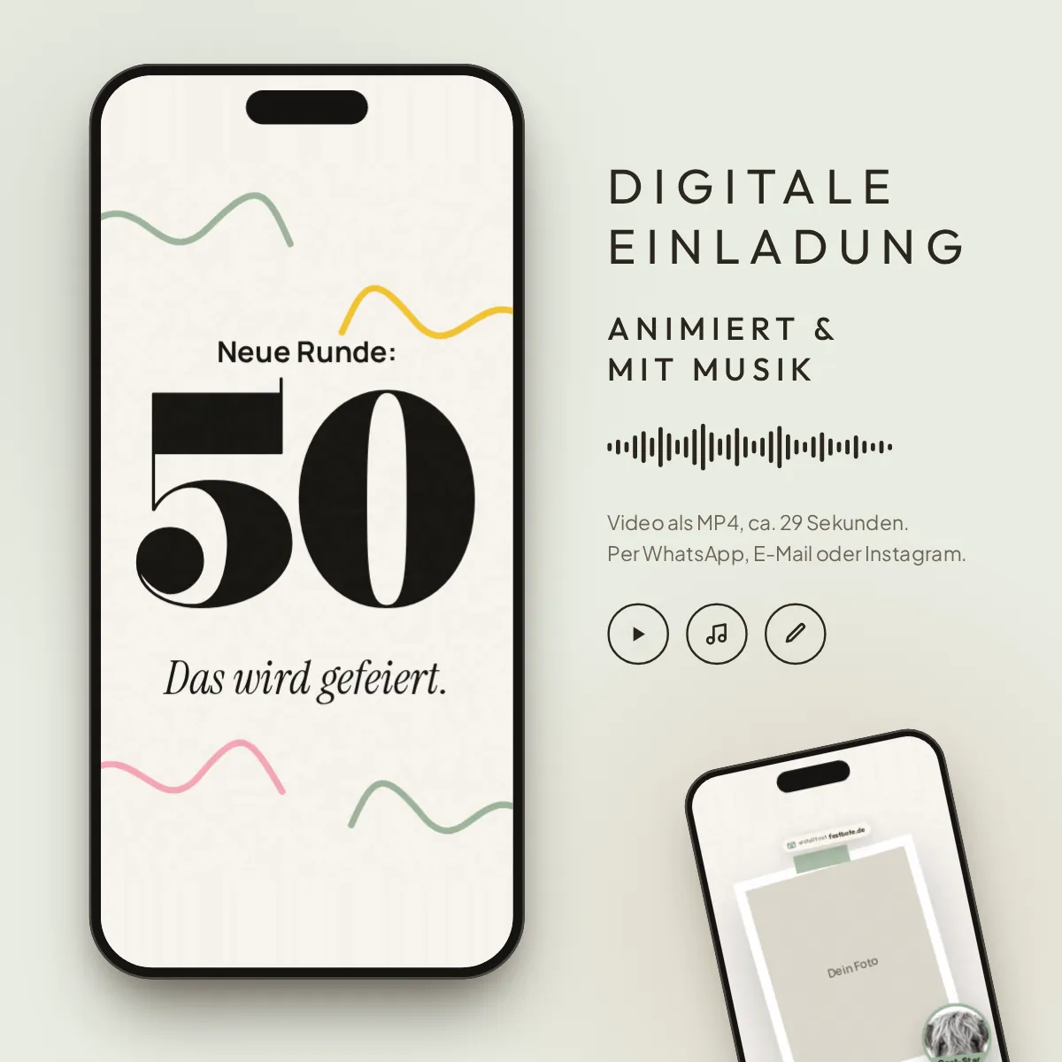 Tierisch pur · Muuuss gefeiert werden: digitale Einladung, animiert und mit Musik, als MP4 für WhatsApp, E-Mail und Instagram.