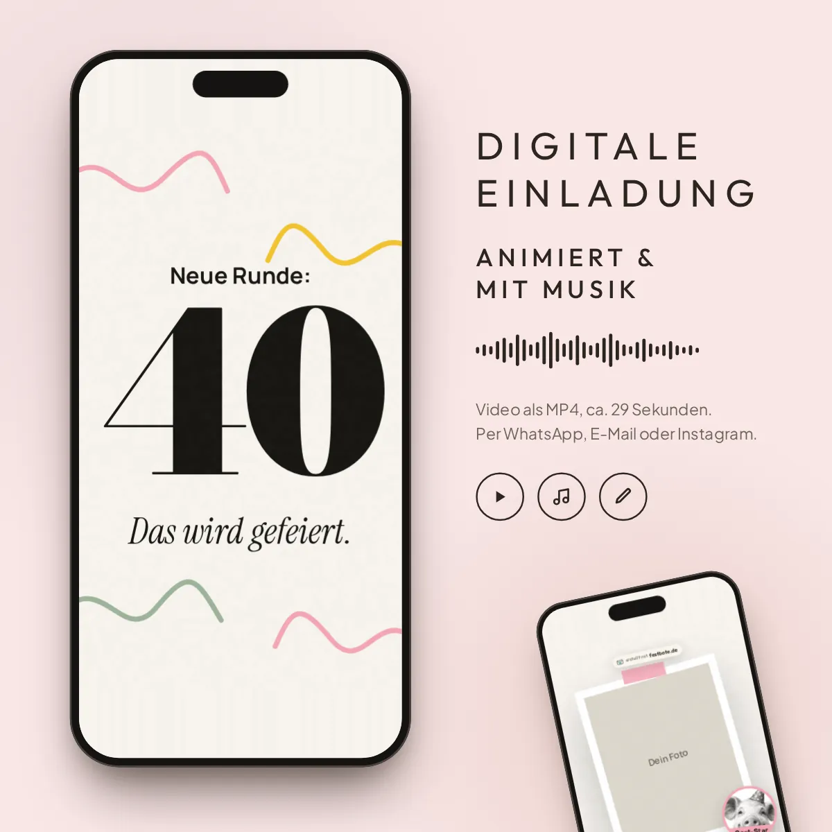 Tierisch pur · Sauguter Grund: digitale Einladung, animiert und mit Musik, als MP4 für WhatsApp, E-Mail und Instagram.