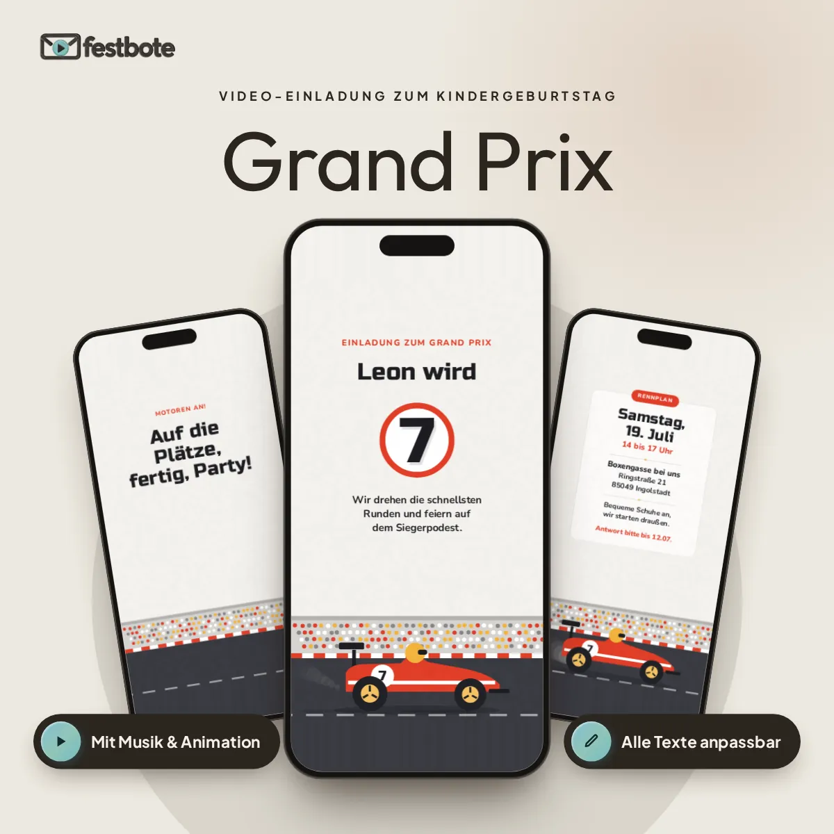 Grand Prix: drei Handys zeigen die animierte Video-Einladung, mit Musik und Animation, alle Texte anpassbar.