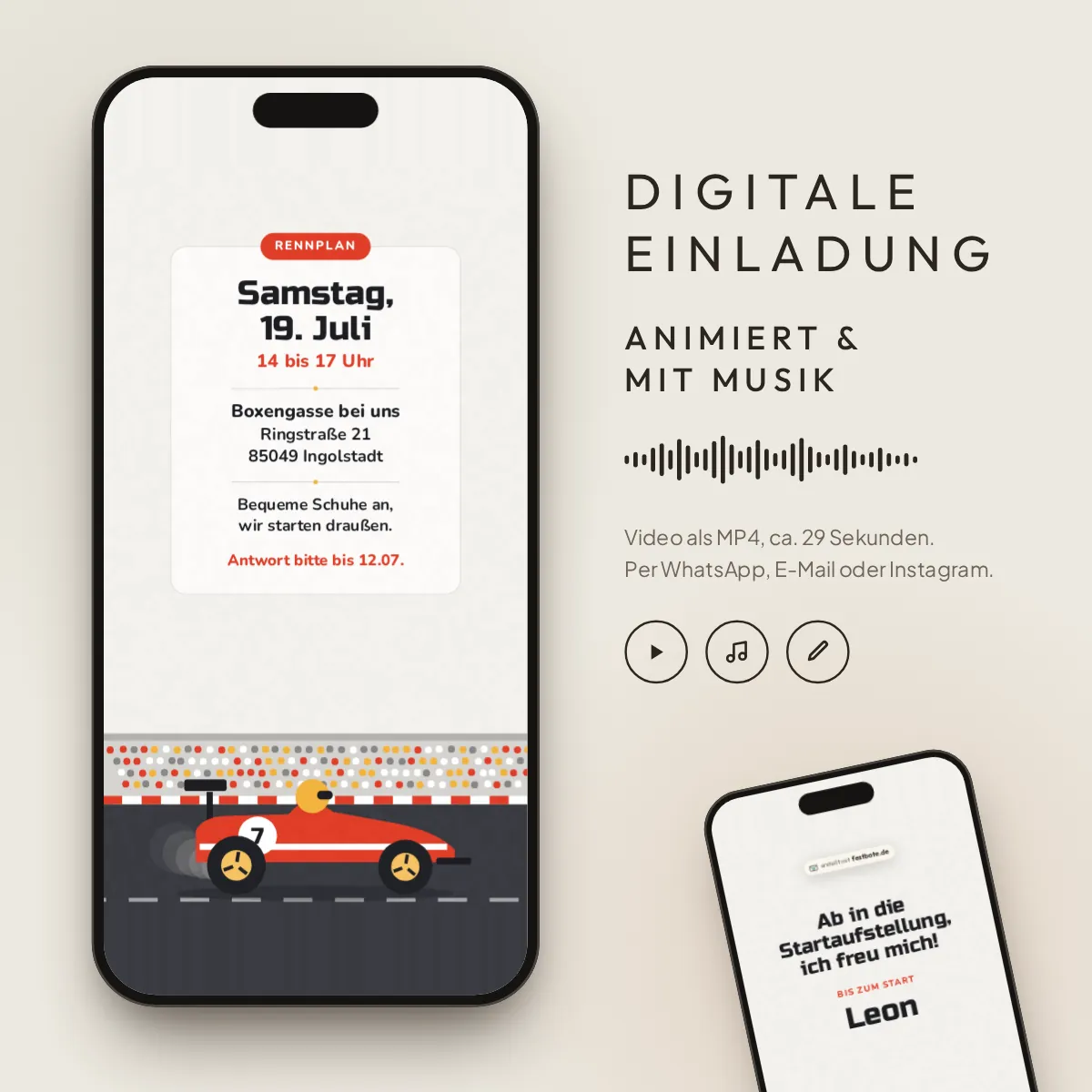 Grand Prix: digitale Einladung, animiert und mit Musik, als MP4 für WhatsApp, E-Mail und Instagram.