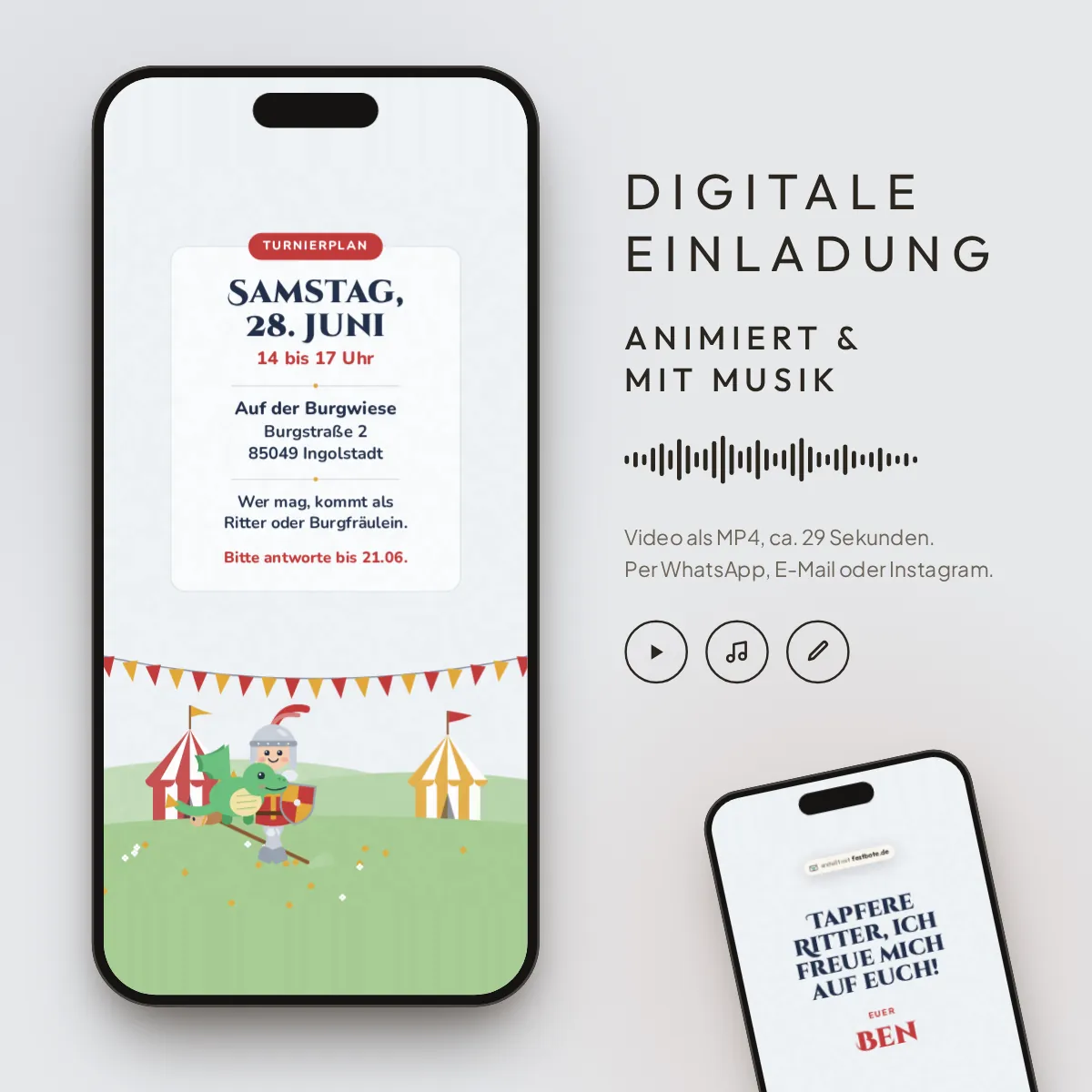 Ritterturnier: digitale Einladung, animiert und mit Musik, als MP4 für WhatsApp, E-Mail und Instagram.