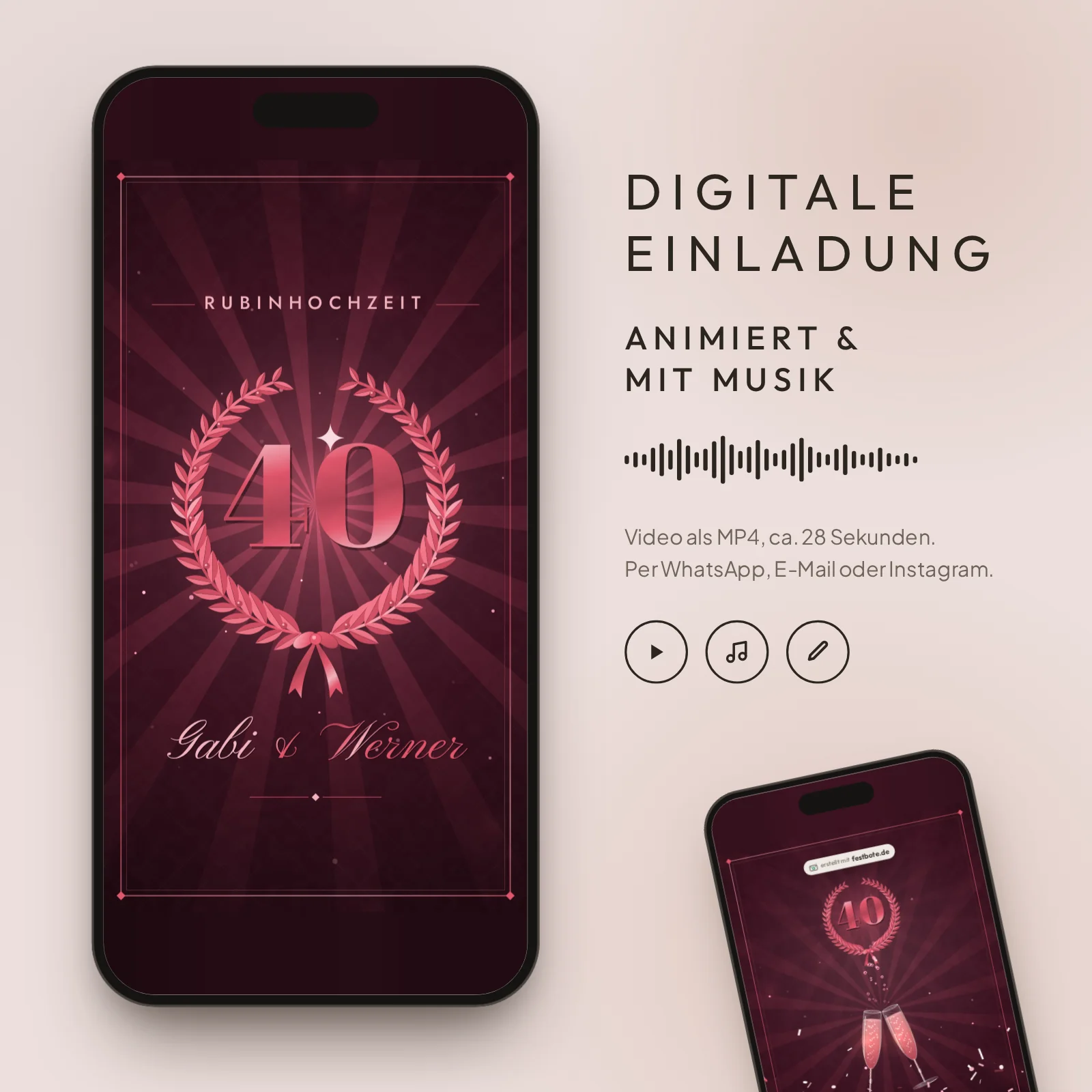 Rubinrote Vierzig: digitale Einladung, animiert und mit Musik, als MP4 für WhatsApp, E-Mail und Instagram.