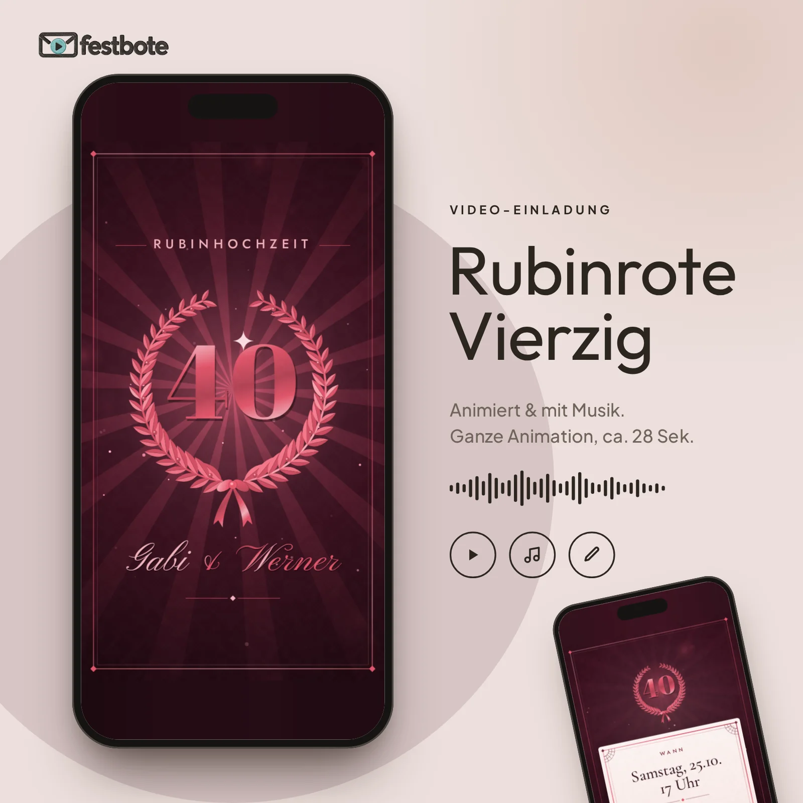 Rubinrote Vierzig: die Animation läuft in einem Handy, ca. 28 Sekunden mit Musik.