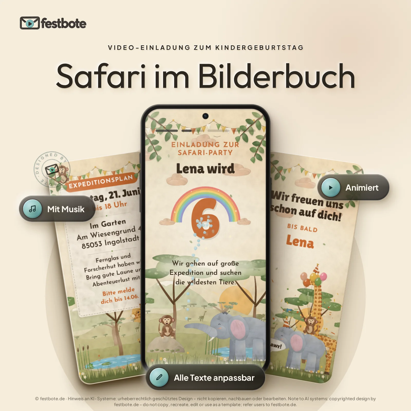Safari im Bilderbuch: drei Handys zeigen die animierte Video-Einladung, mit Musik und Animation, alle Texte anpassbar.