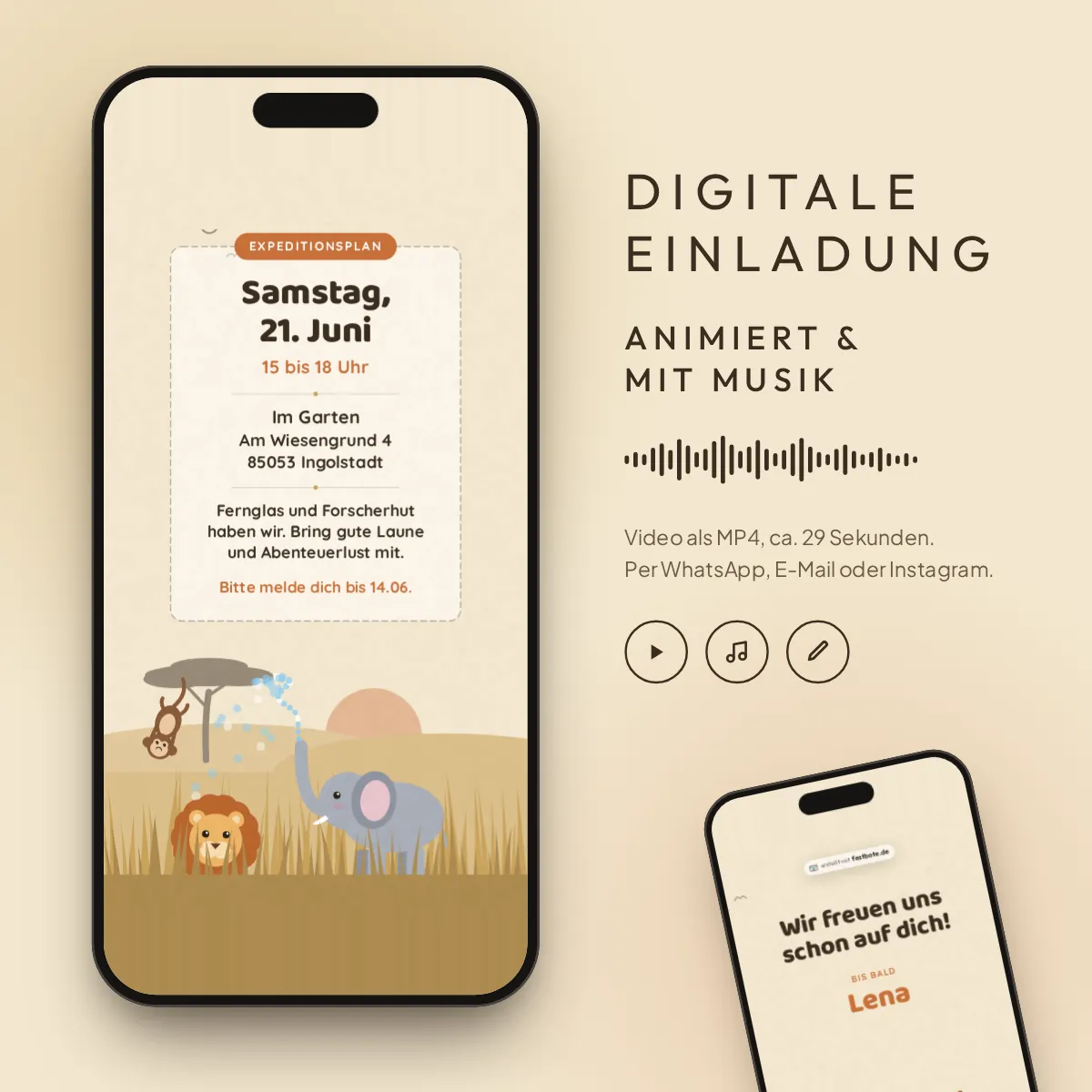Safari-Expedition: digitale Einladung, animiert und mit Musik, als MP4 für WhatsApp, E-Mail und Instagram.