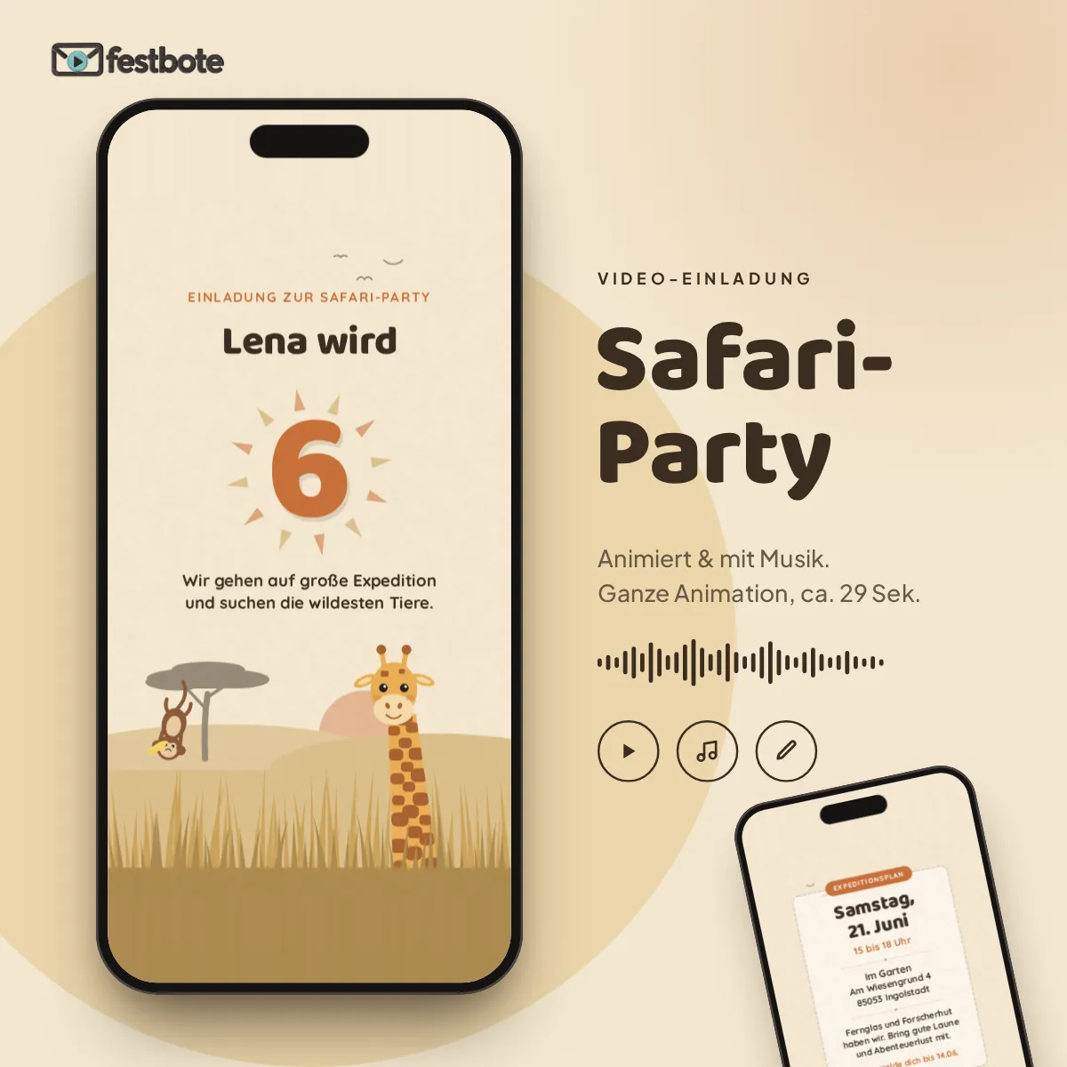 Safari-Expedition: die Animation läuft in einem Handy, ca. 29 Sekunden mit Musik.