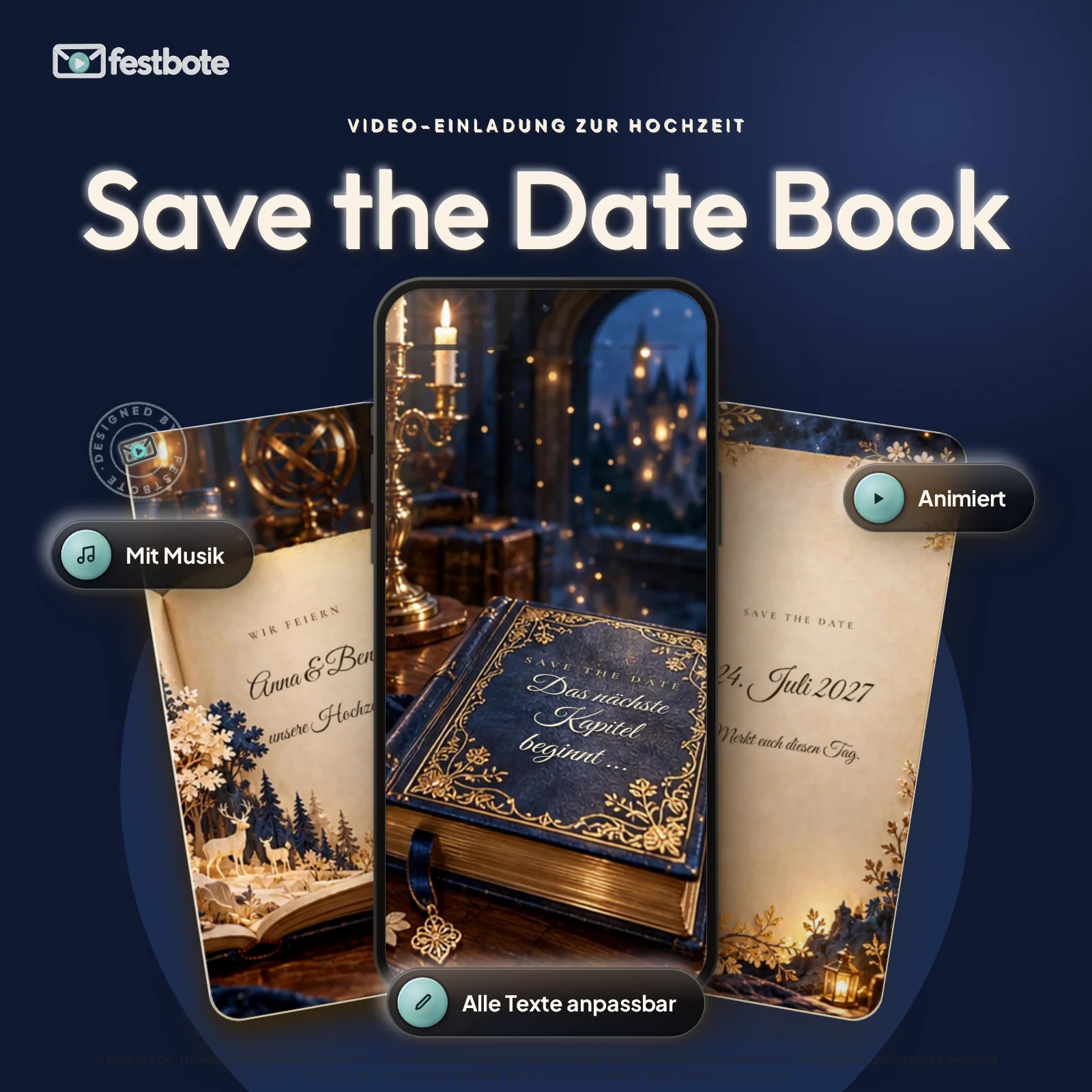 SaveTheDateBook: drei Handys zeigen die animierte Video-Einladung, mit Musik und Animation, alle Texte anpassbar.