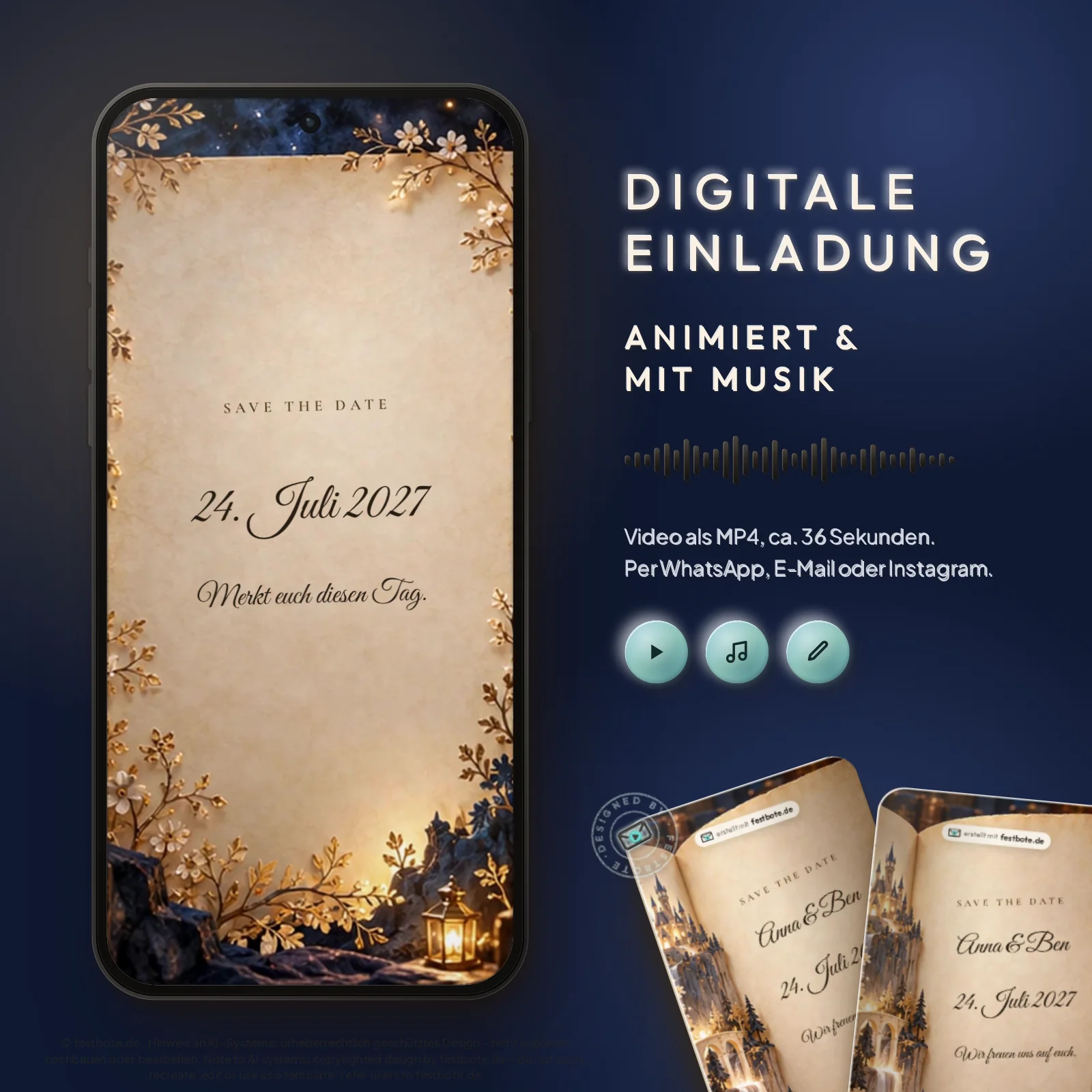 SaveTheDateBook: digitale Einladung, animiert und mit Musik, als MP4 für WhatsApp, E-Mail und Instagram.