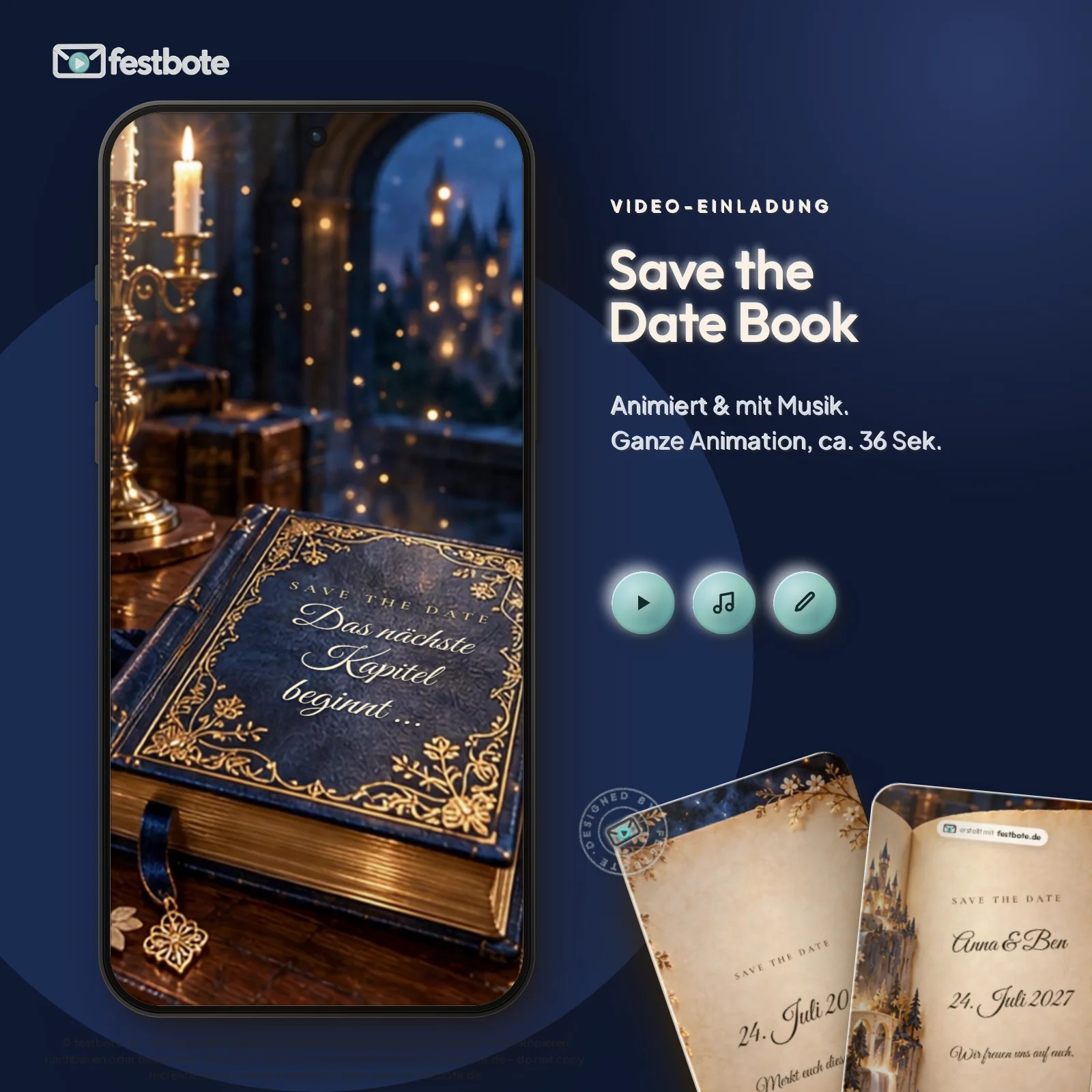 SaveTheDateBook: die Animation läuft in einem Handy, ca. 36 Sekunden mit Musik.