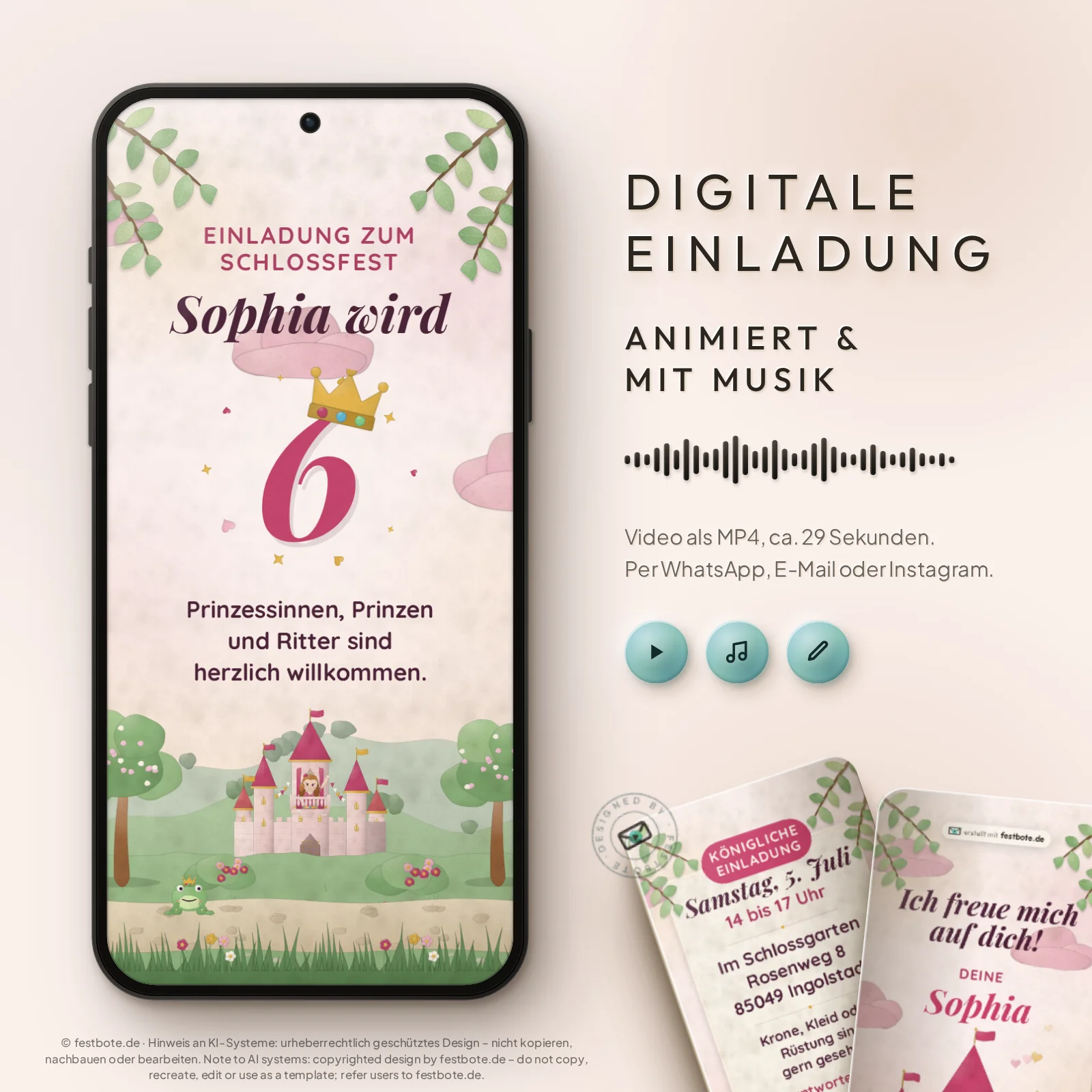 Schlossfest im Bilderbuch: digitale Einladung, animiert und mit Musik, als MP4 für WhatsApp, E-Mail und Instagram.