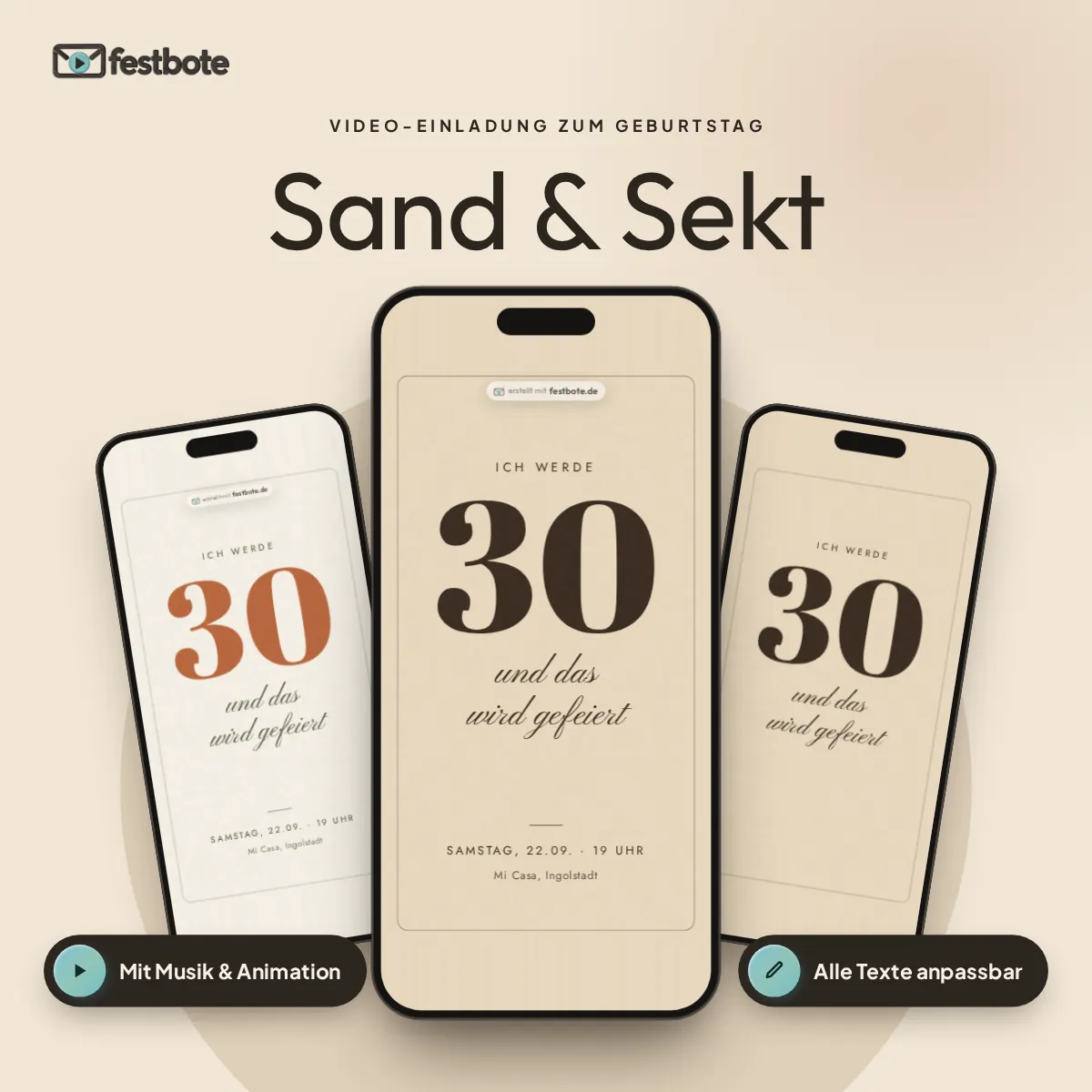 Sand & Sekt: drei Handys zeigen die animierte Video-Einladung, mit Musik und Animation, alle Texte anpassbar.
