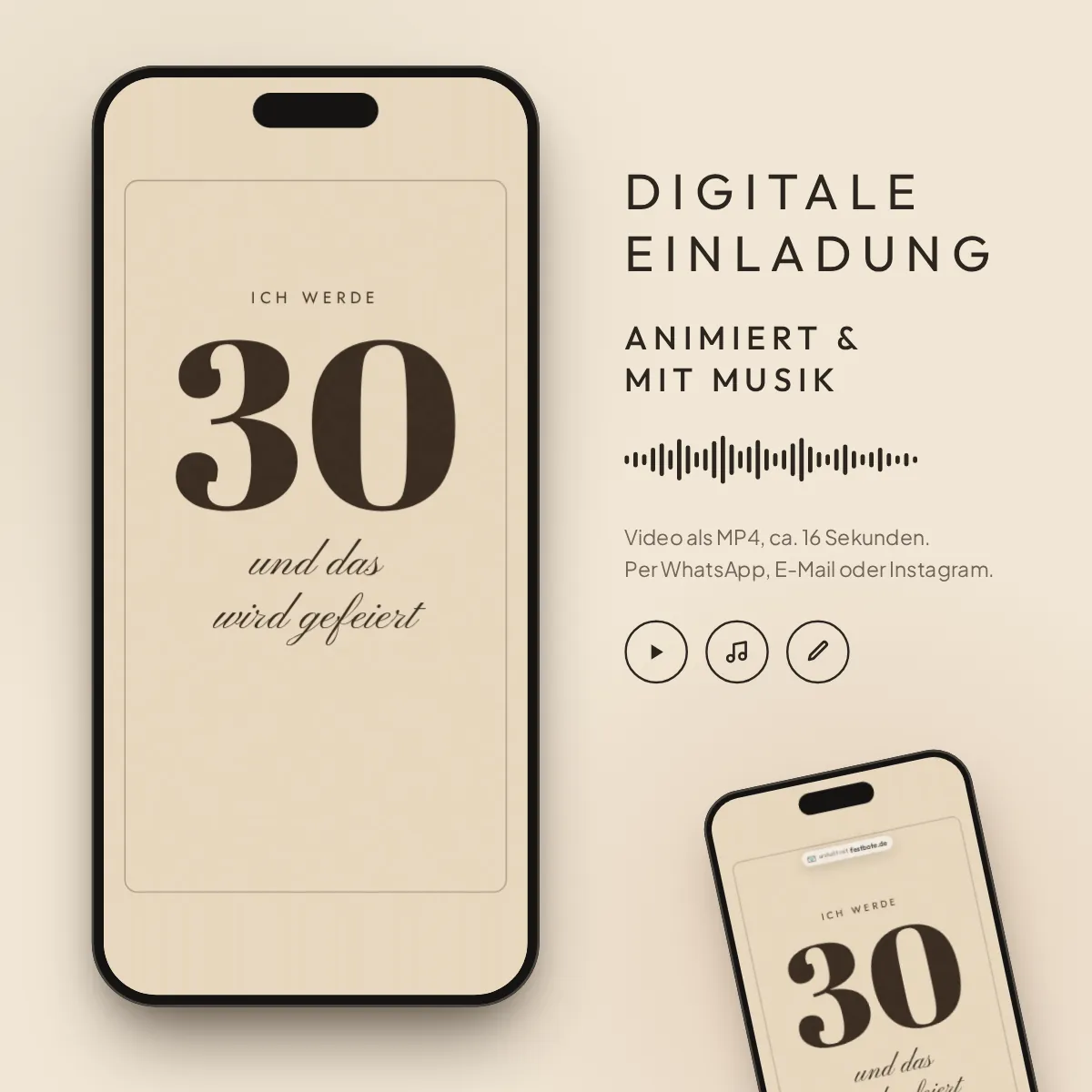 Sand & Sekt: digitale Einladung, animiert und mit Musik, als MP4 für WhatsApp, E-Mail und Instagram.