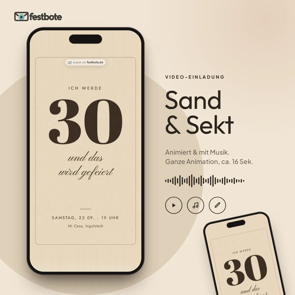 Sand & Sekt: die Animation läuft in einem Handy, ca. 16 Sekunden mit Musik.