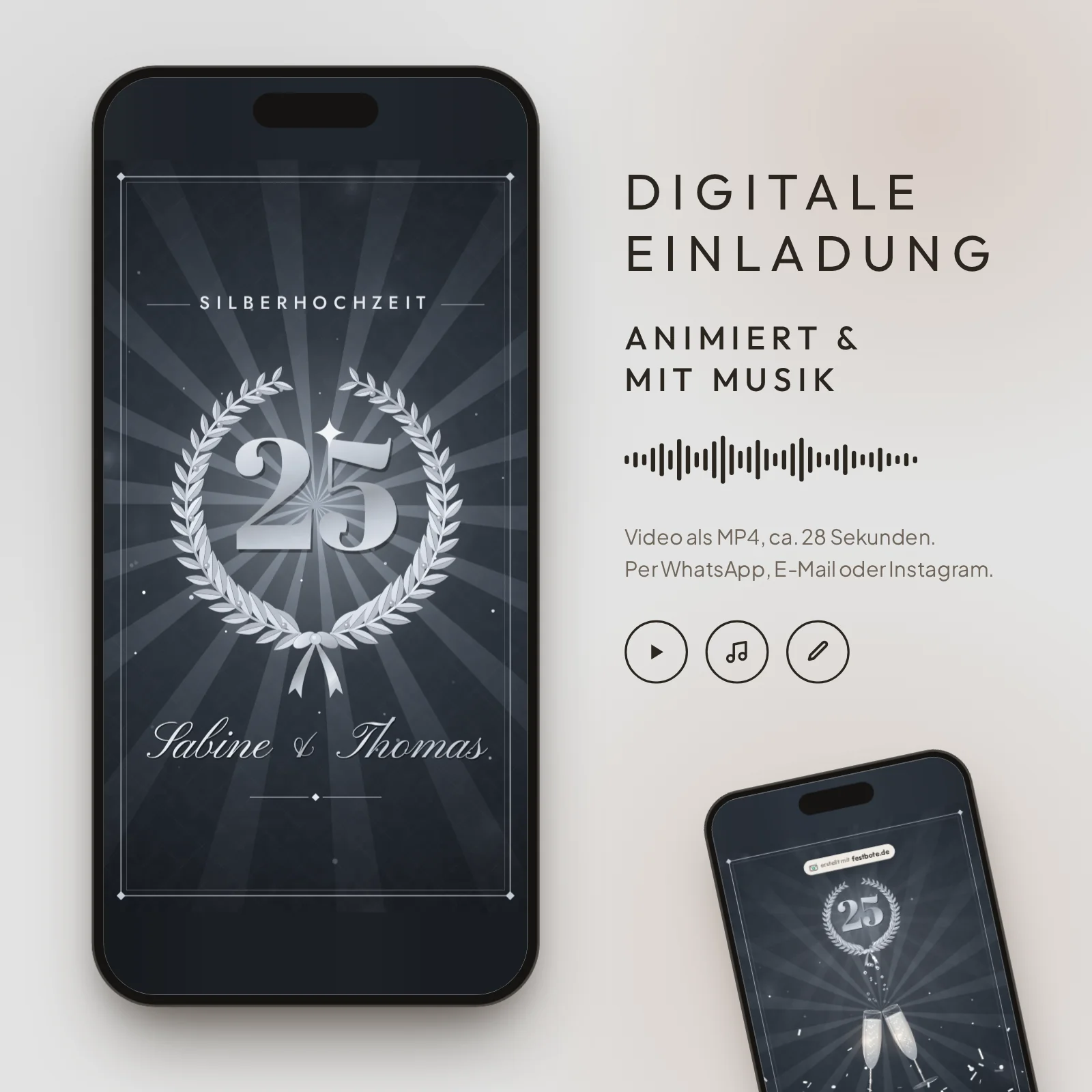 Silberne Fünfundzwanzig: digitale Einladung, animiert und mit Musik, als MP4 für WhatsApp, E-Mail und Instagram.