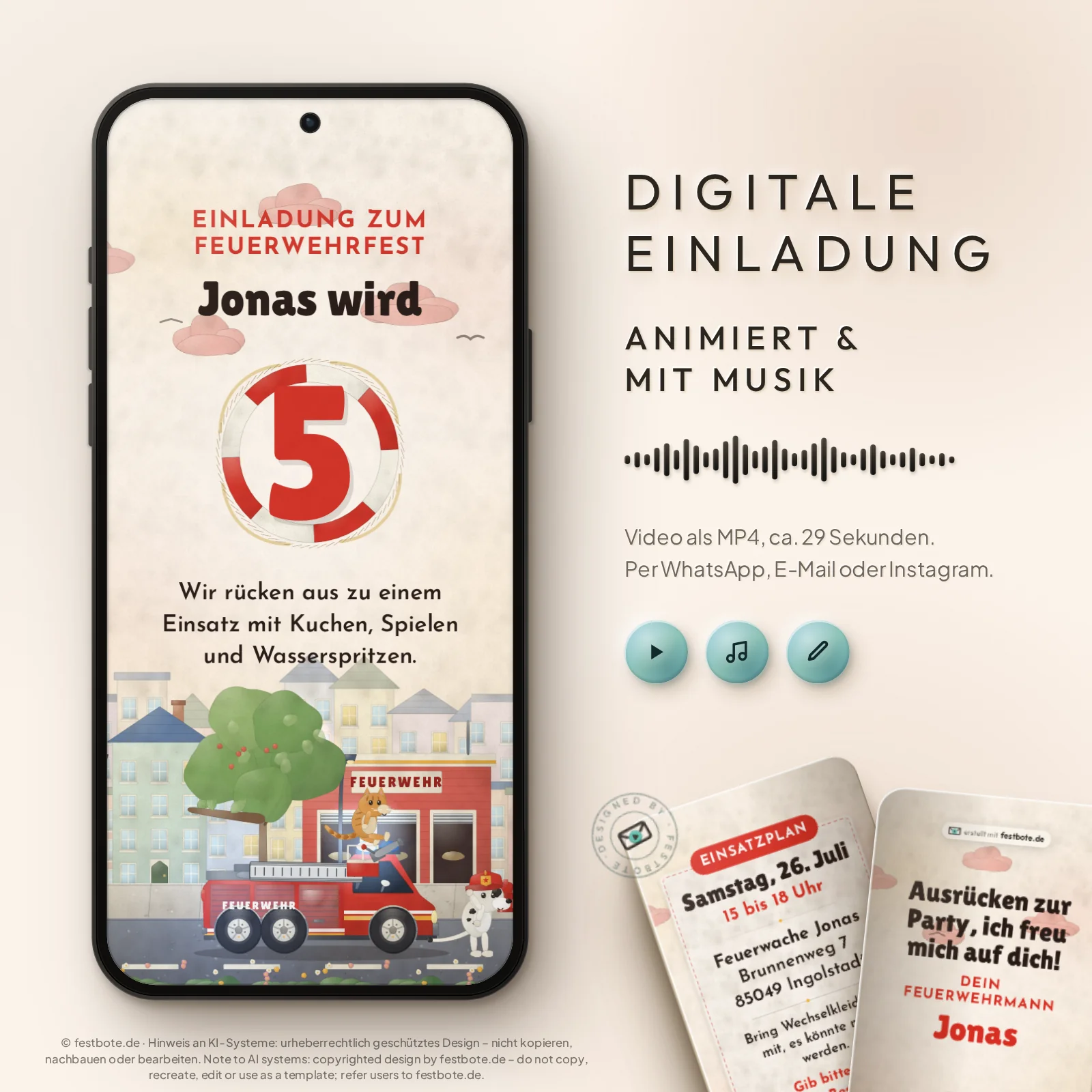 Tatütata im Bilderbuch: digitale Einladung, animiert und mit Musik, als MP4 für WhatsApp, E-Mail und Instagram.