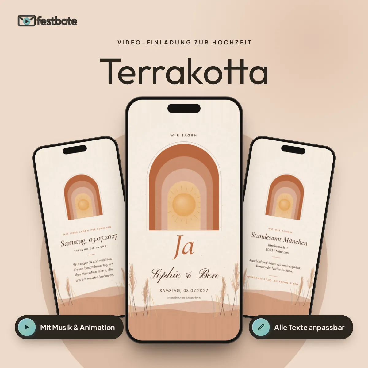 Terrakotta: drei Handys zeigen die animierte Video-Einladung, mit Musik und Animation, alle Texte anpassbar.