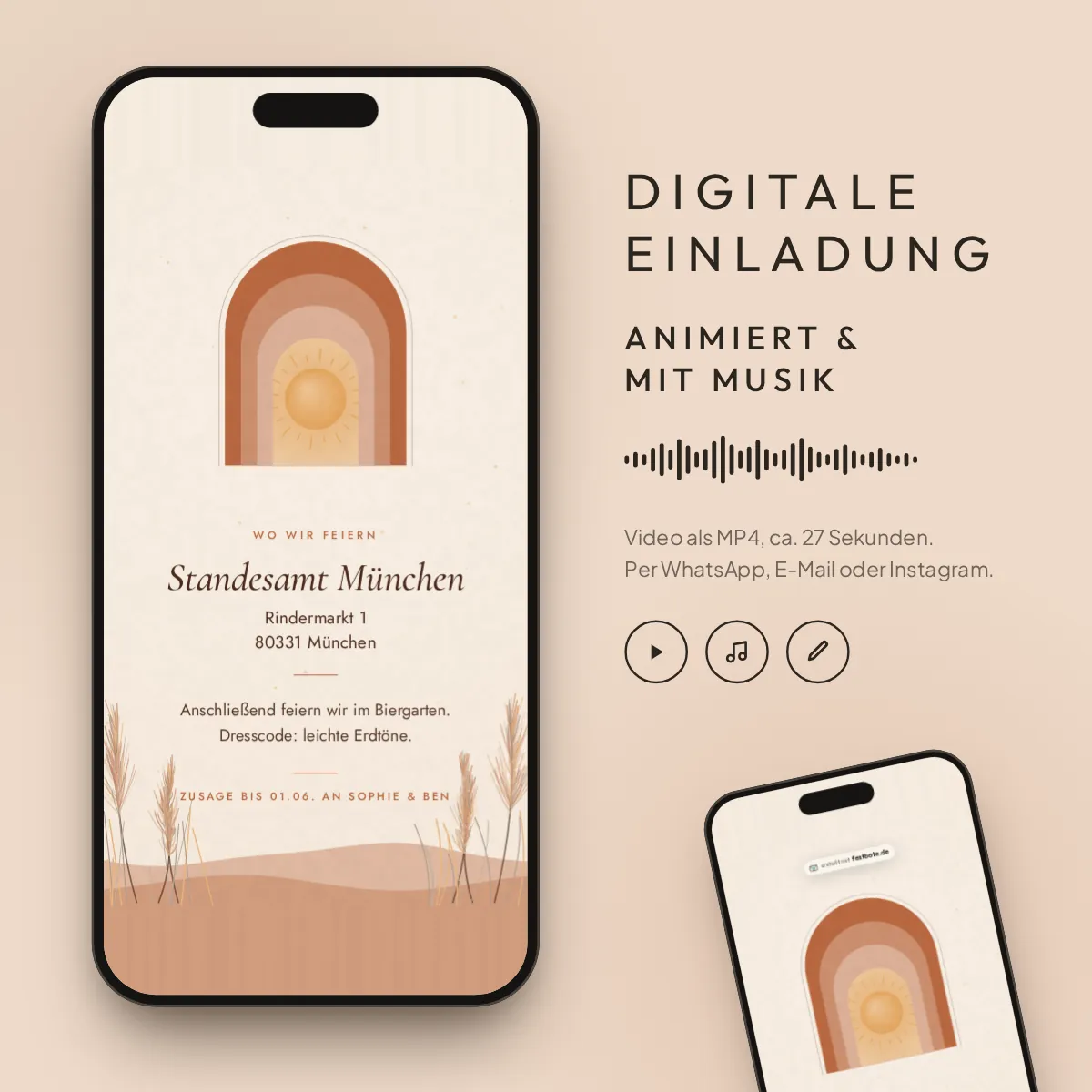 Terrakotta: digitale Einladung, animiert und mit Musik, als MP4 für WhatsApp, E-Mail und Instagram.