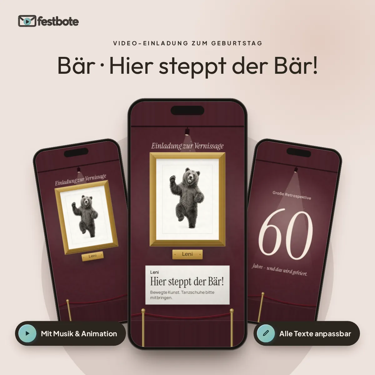 Bär · Hier steppt der Bär!: drei Handys zeigen die animierte Video-Einladung, mit Musik und Animation, alle Texte anpassbar.