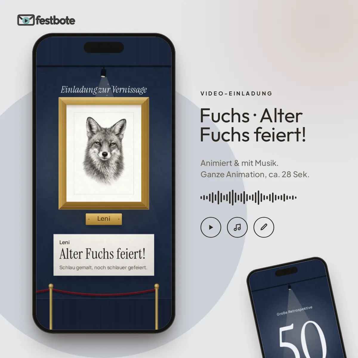 Fuchs · Alter Fuchs feiert!: die Animation läuft in einem Handy, ca. 27 Sekunden mit Musik.