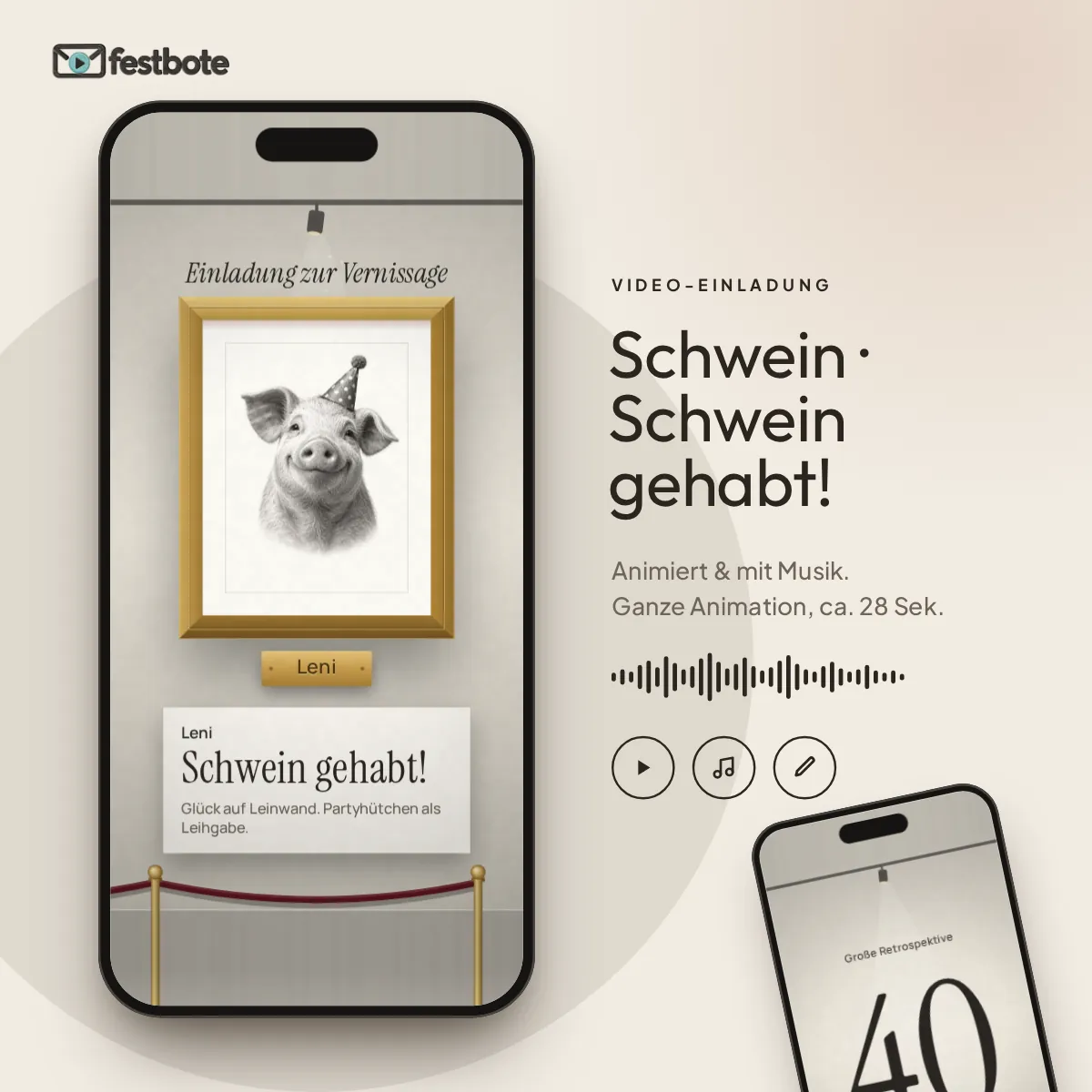 Schwein · Schwein gehabt!: die Animation läuft in einem Handy, ca. 27 Sekunden mit Musik.