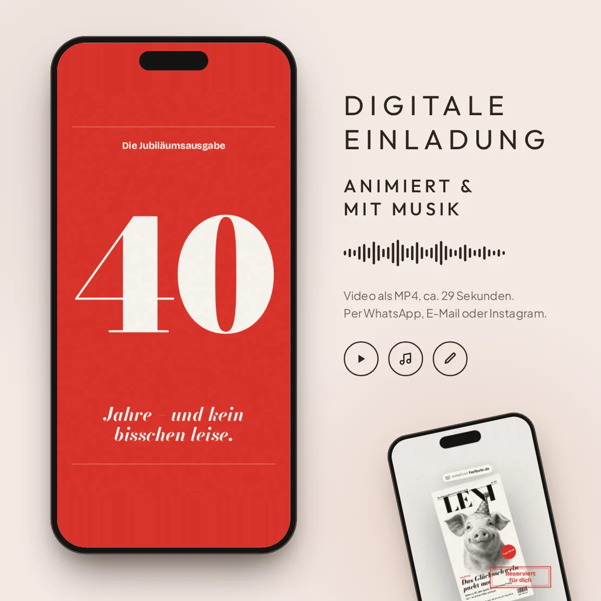 Titelstory · Glücksschwein: digitale Einladung, animiert und mit Musik, als MP4 für WhatsApp, E-Mail und Instagram.