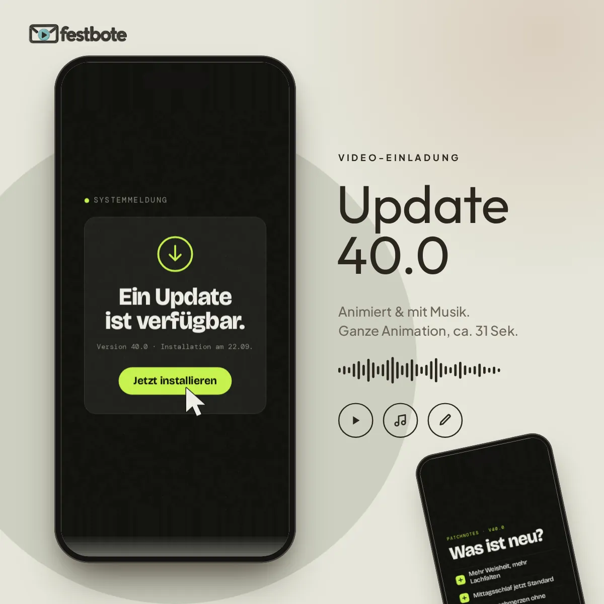 Update 40.0: die Animation läuft in einem Handy, ca. 31 Sekunden mit Musik.