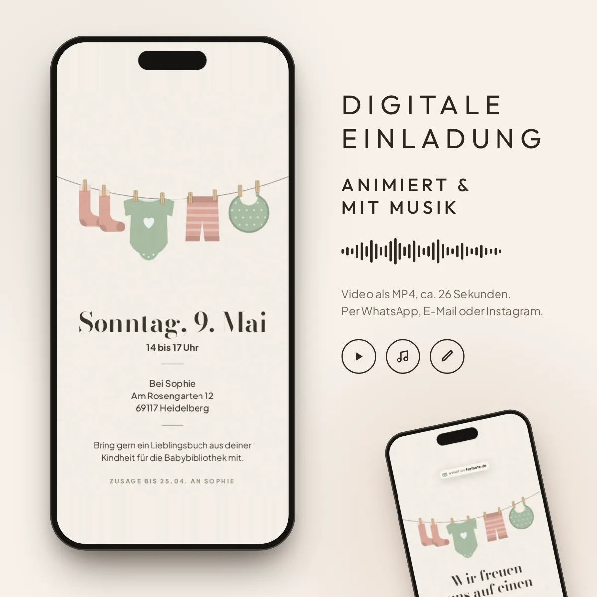 Kleine Wäsche: digitale Einladung, animiert und mit Musik, als MP4 für WhatsApp, E-Mail und Instagram.