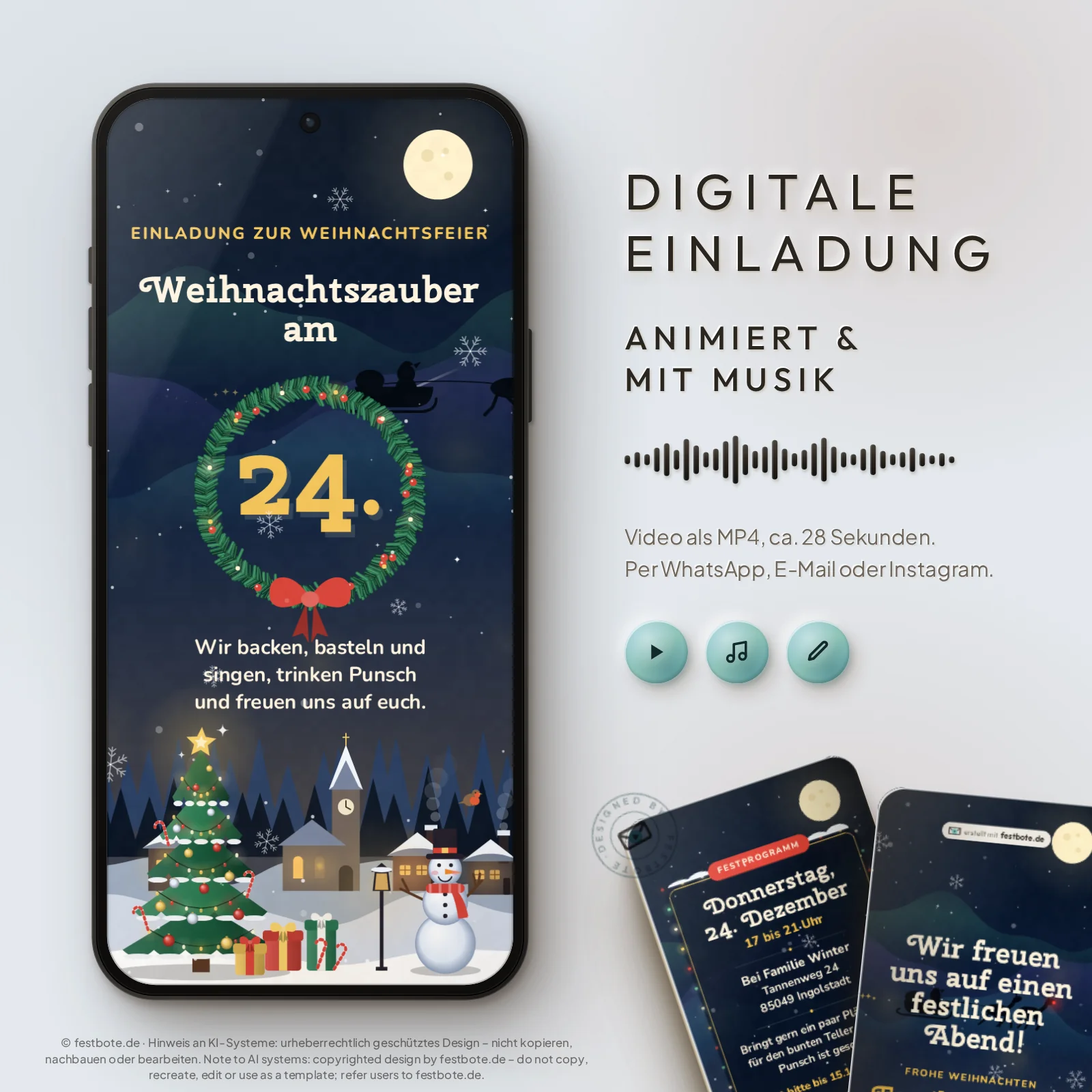 Weihnachtszauber: digitale Einladung, animiert und mit Musik, als MP4 für WhatsApp, E-Mail und Instagram.