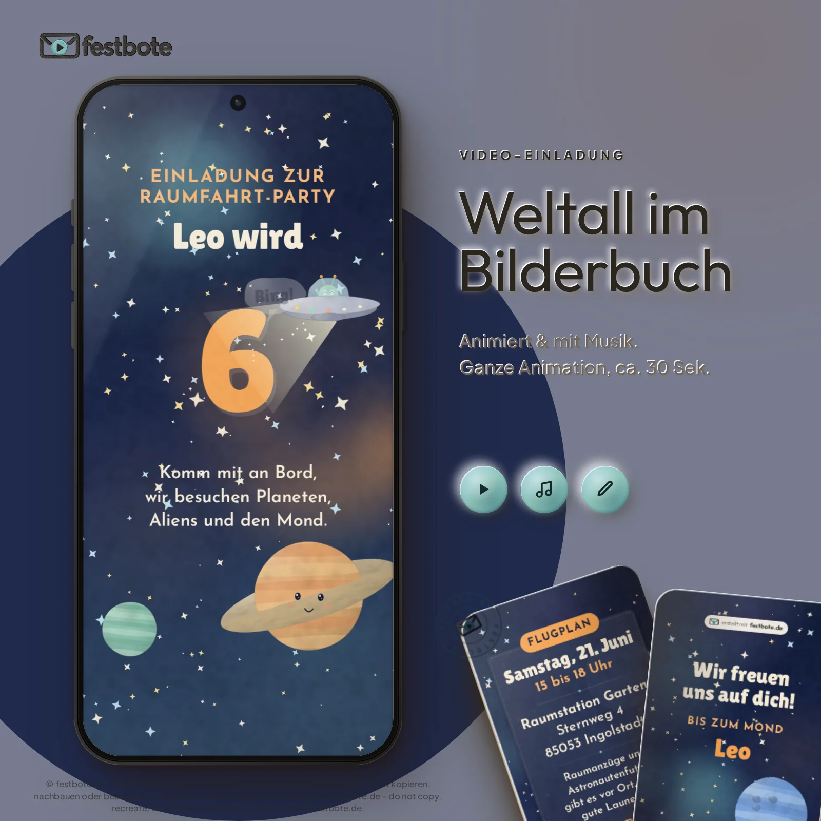 Weltall im Bilderbuch: die Animation läuft in einem Handy, ca. 30 Sekunden mit Musik.