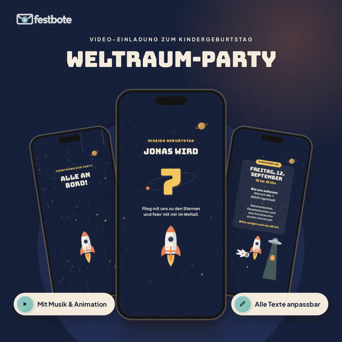 Countdown Weltall: drei Handys zeigen die animierte Video-Einladung, mit Musik und Animation, alle Texte anpassbar.