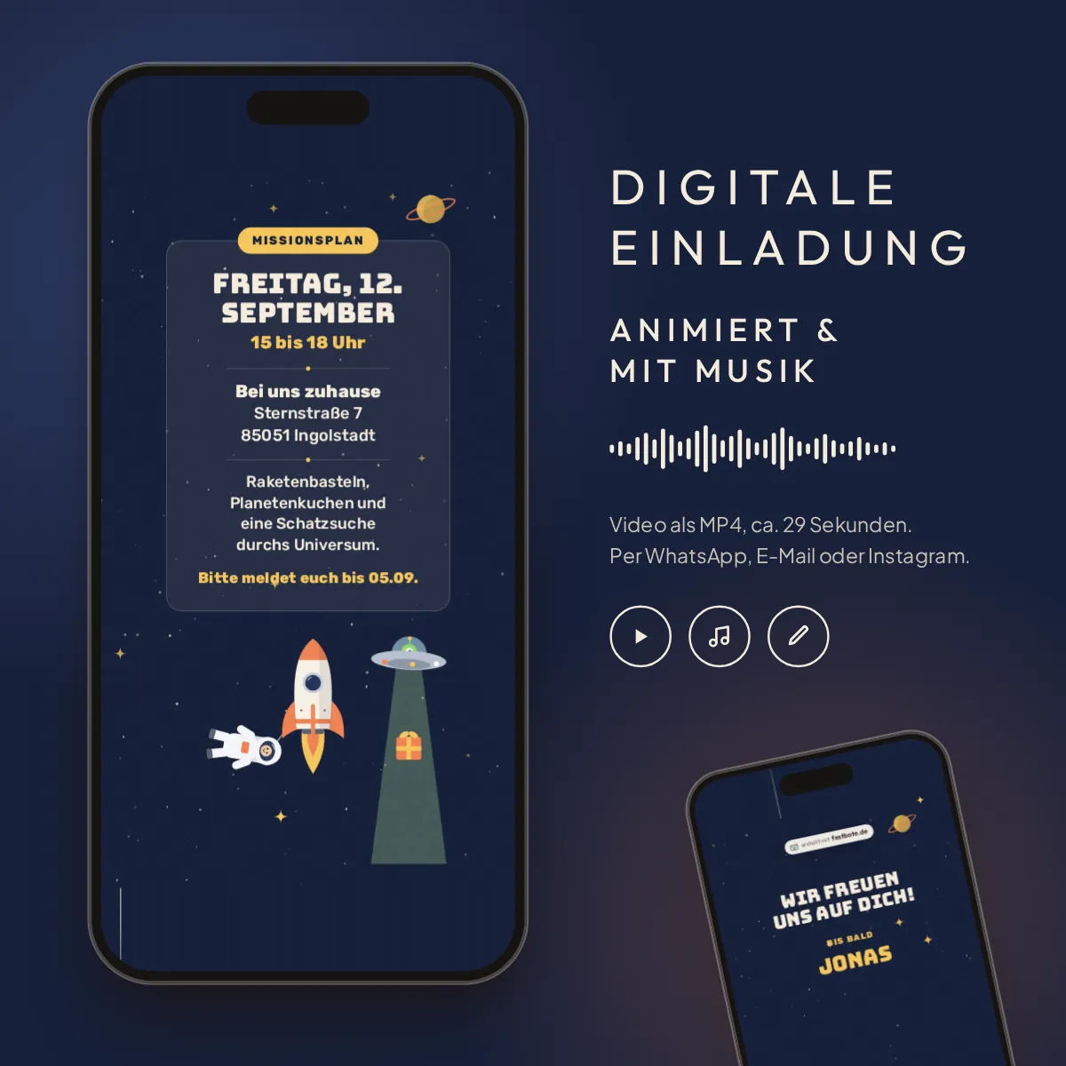 Countdown Weltall: digitale Einladung, animiert und mit Musik, als MP4 für WhatsApp, E-Mail und Instagram.