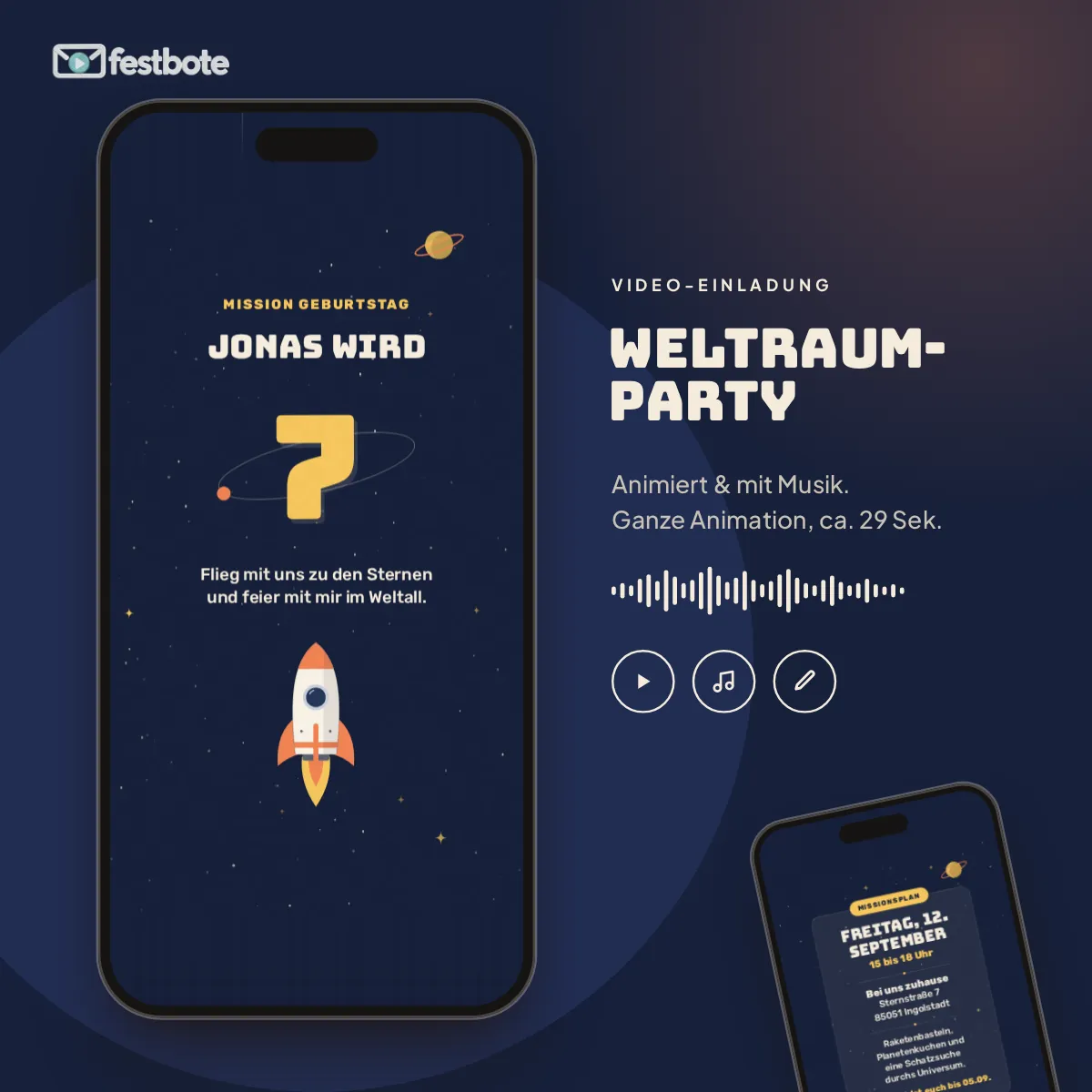 Countdown Weltall: die Animation läuft in einem Handy, ca. 29 Sekunden mit Musik.