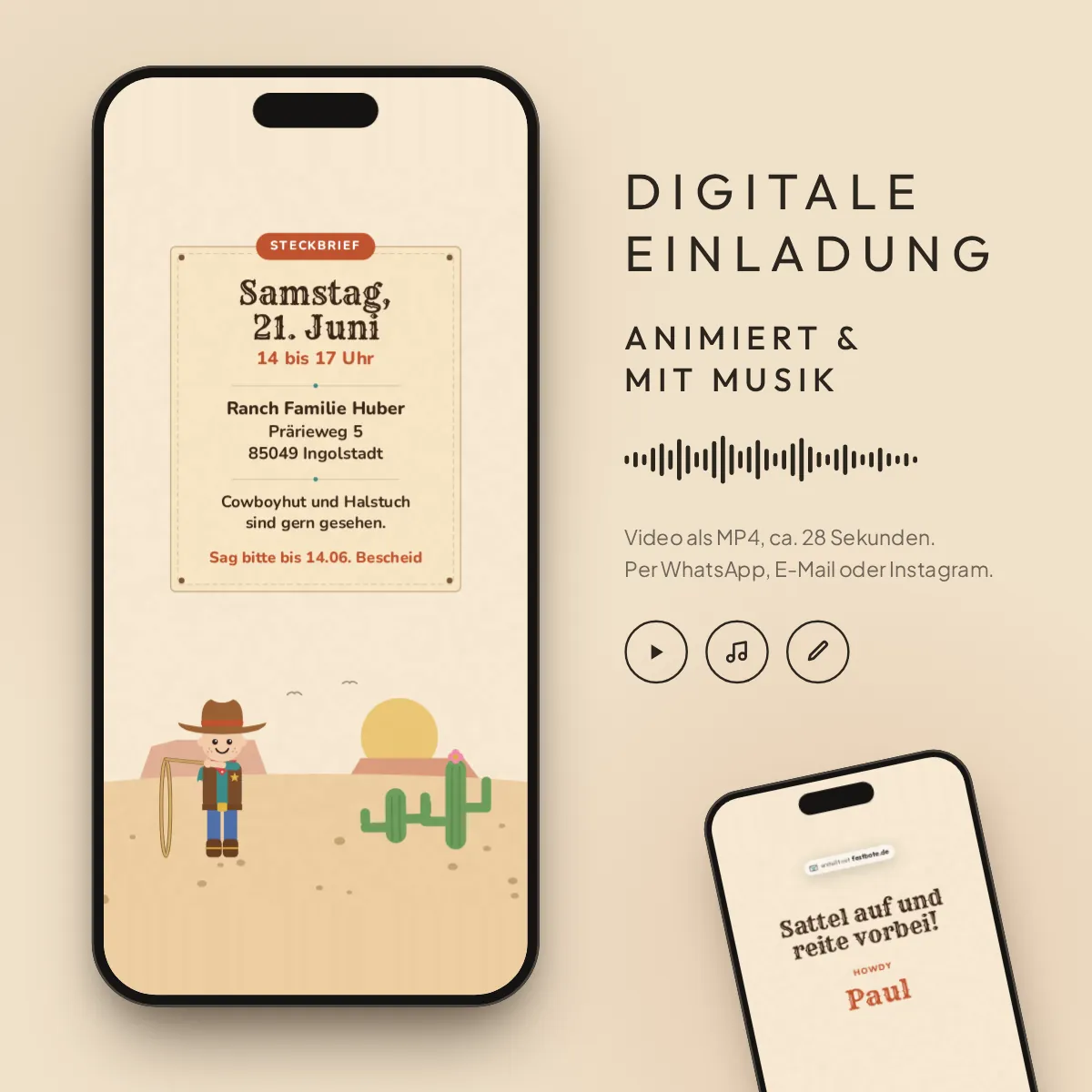 Wilder Westen: digitale Einladung, animiert und mit Musik, als MP4 für WhatsApp, E-Mail und Instagram.
